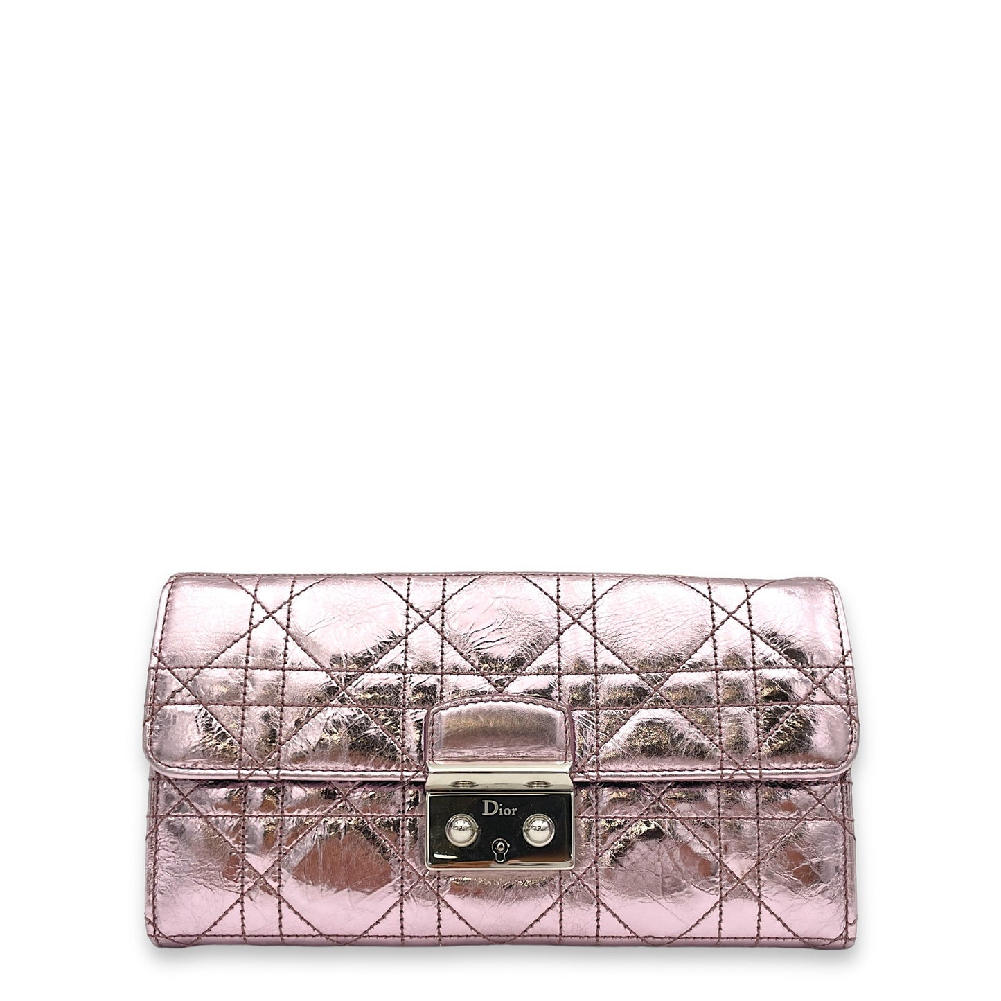 Miss Dior Metallic Pink Wallet On Chain in Calfskin, Silver hardware