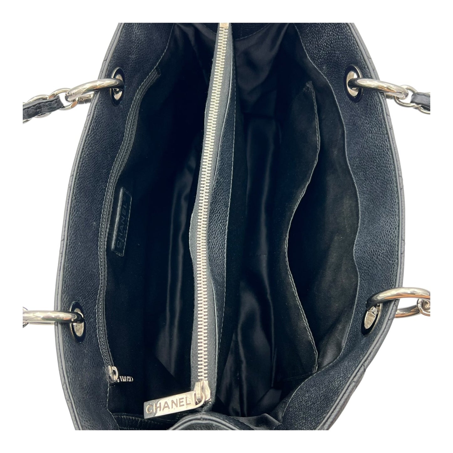 GST Black Tote Bag in Caviar Leather, Silver hardware