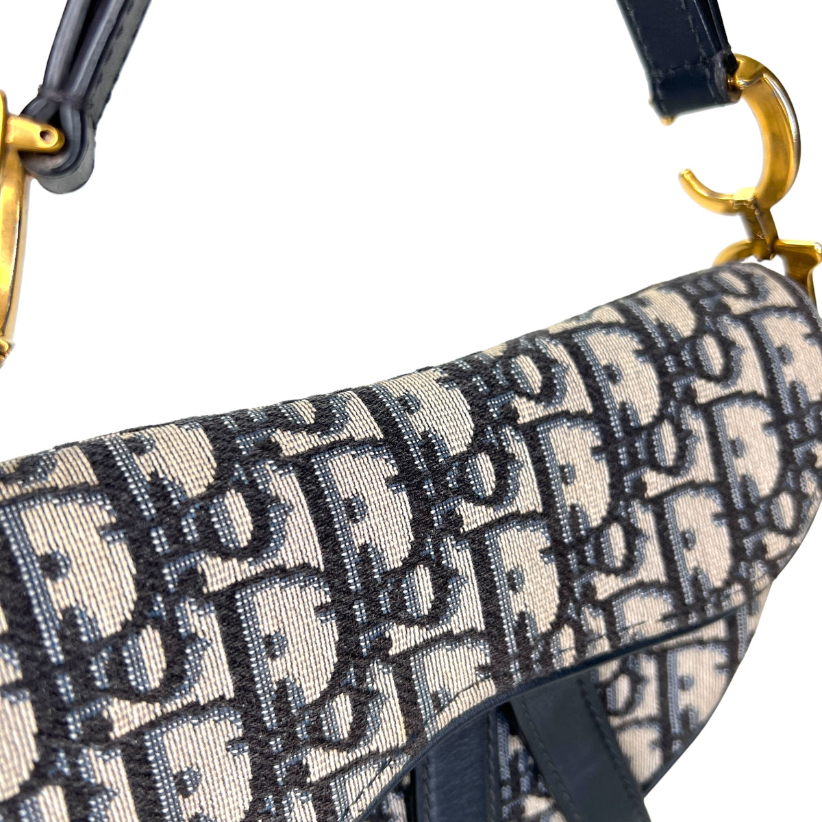 Saddle Mini Navy Top Handle Bag in Jacquard, Gold hardware