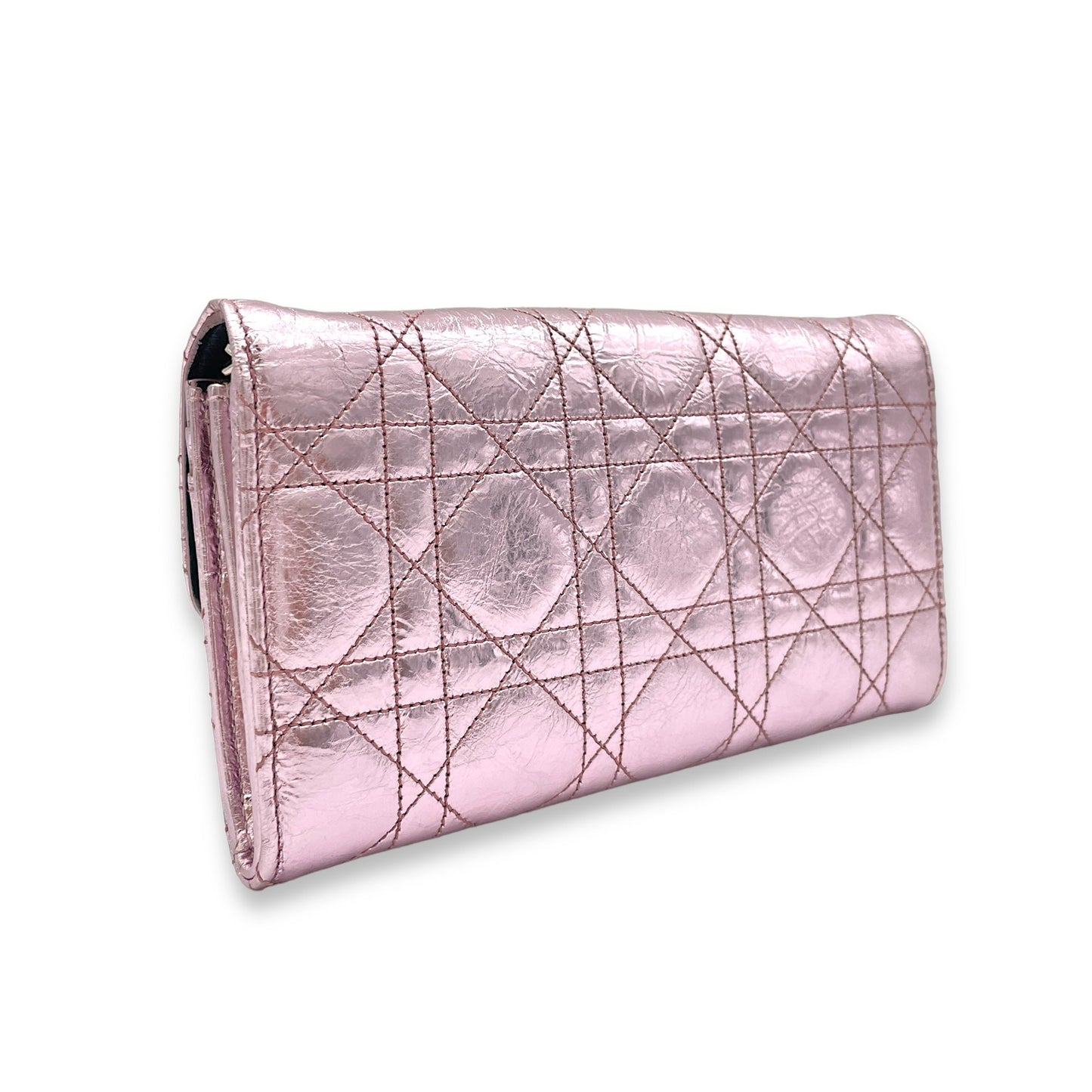Miss Dior Metallic Pink Wallet On Chain in Calfskin, Silver hardware