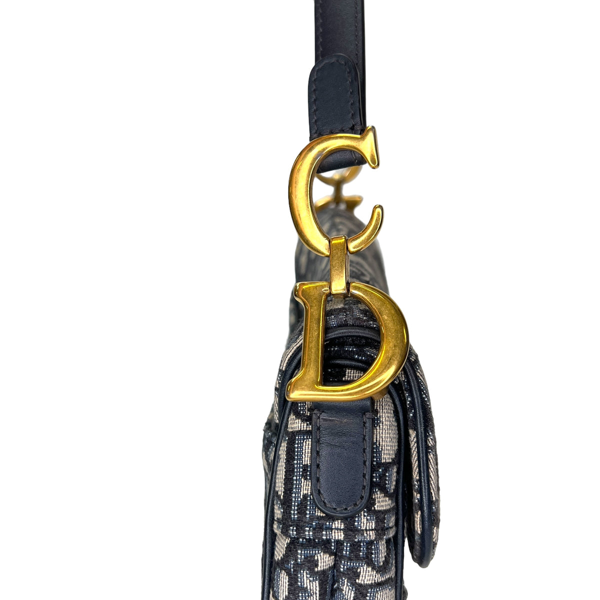 Saddle Mini Navy Top Handle Bag in Jacquard, Gold hardware