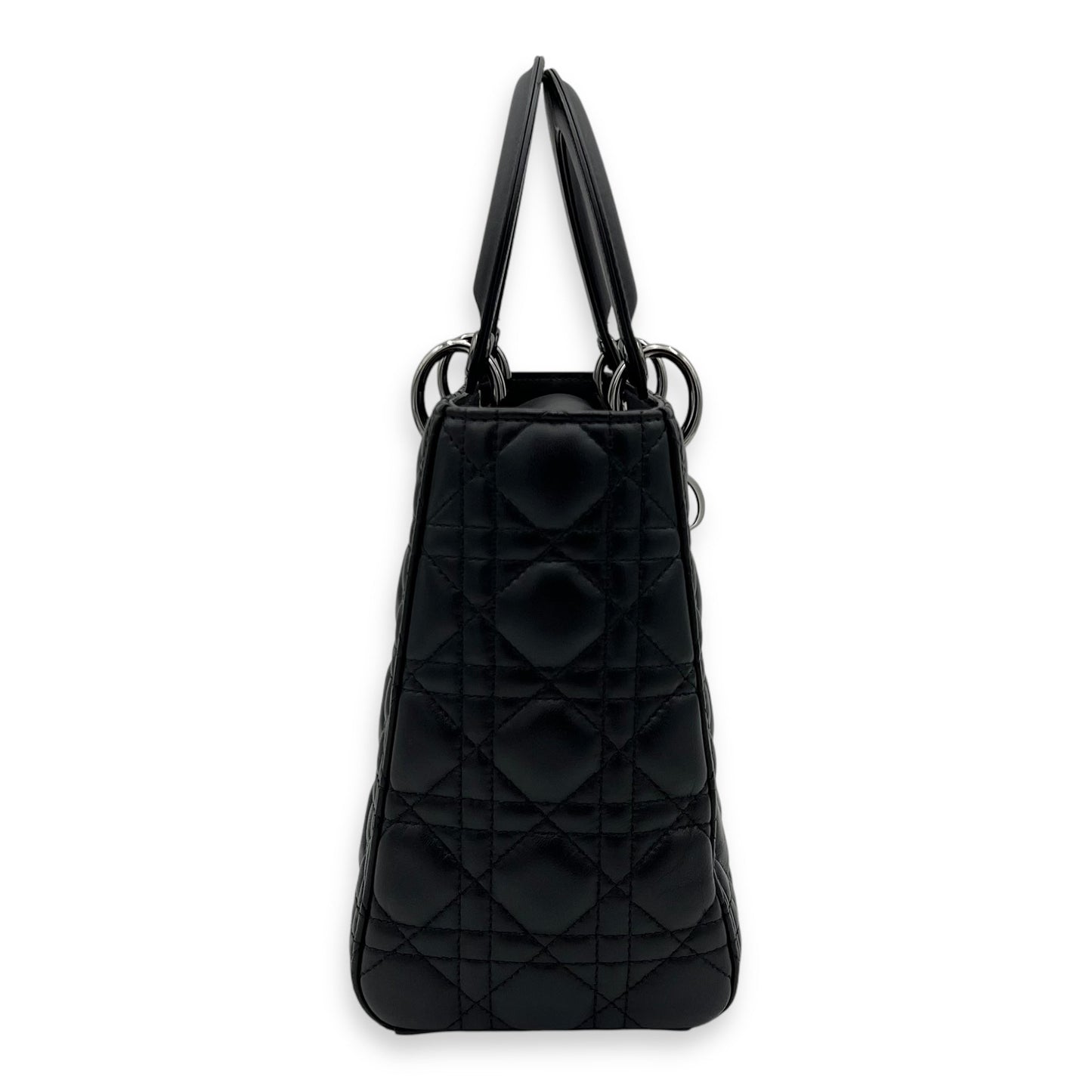 Lady Dior Medium Black Top Handle Bag in Calfskin, Gunmetal hardware