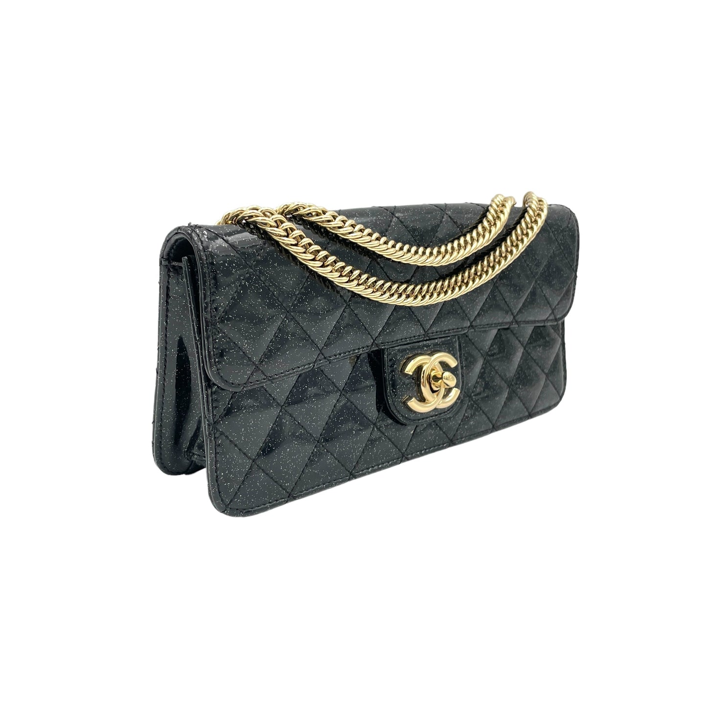Glitter Enamel Gold-tone Metal Chain Shoulder Bag  Black in Patent Leather , Gold Hardware
