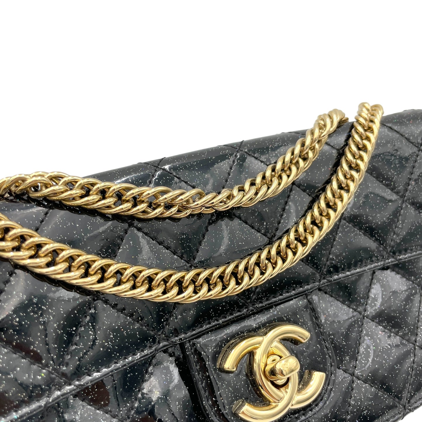 Glitter Enamel Gold-tone Metal Chain Shoulder Bag  Black in Patent Leather , Gold Hardware