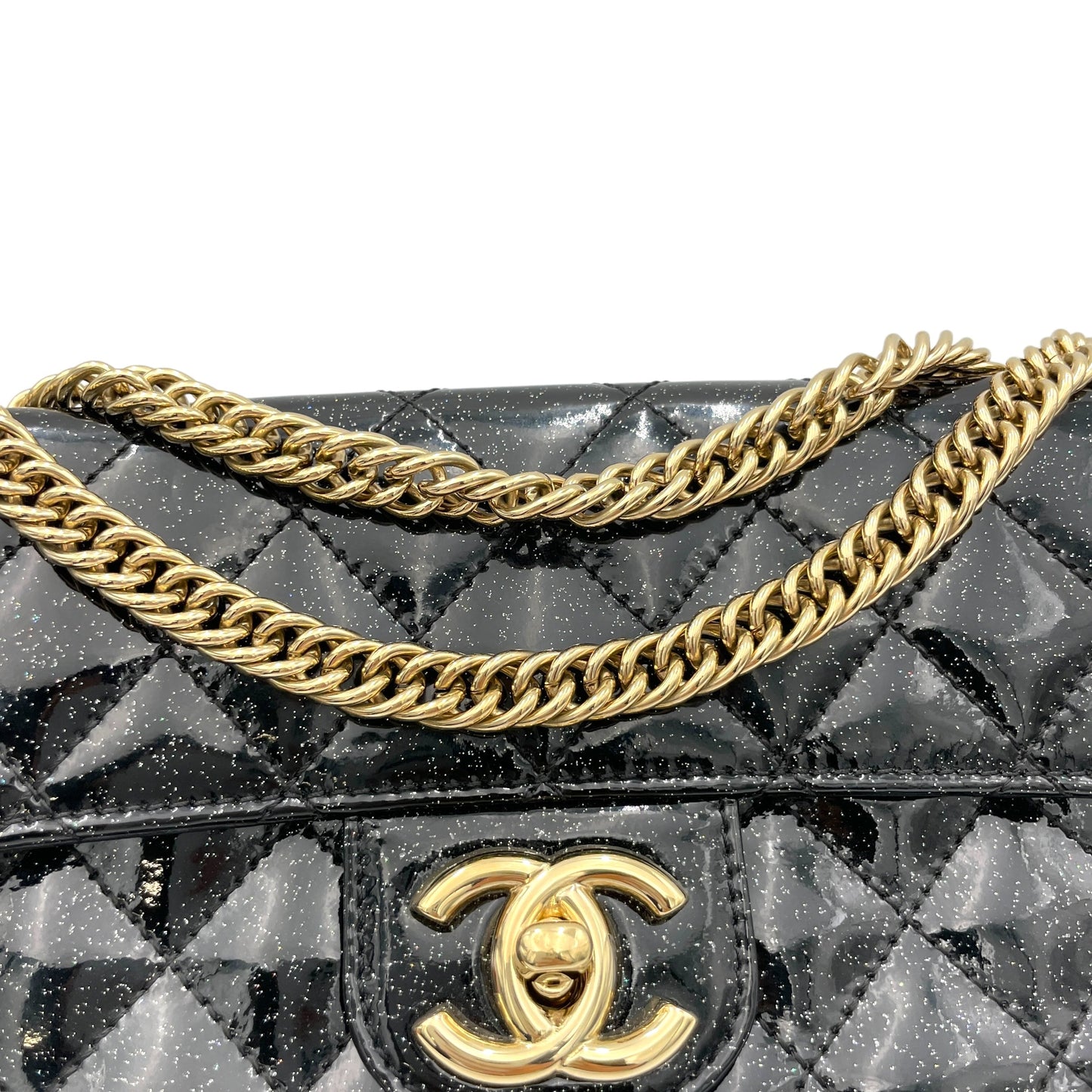 Glitter Enamel Gold-tone Metal Chain Shoulder Bag  Black in Patent Leather , Gold Hardware