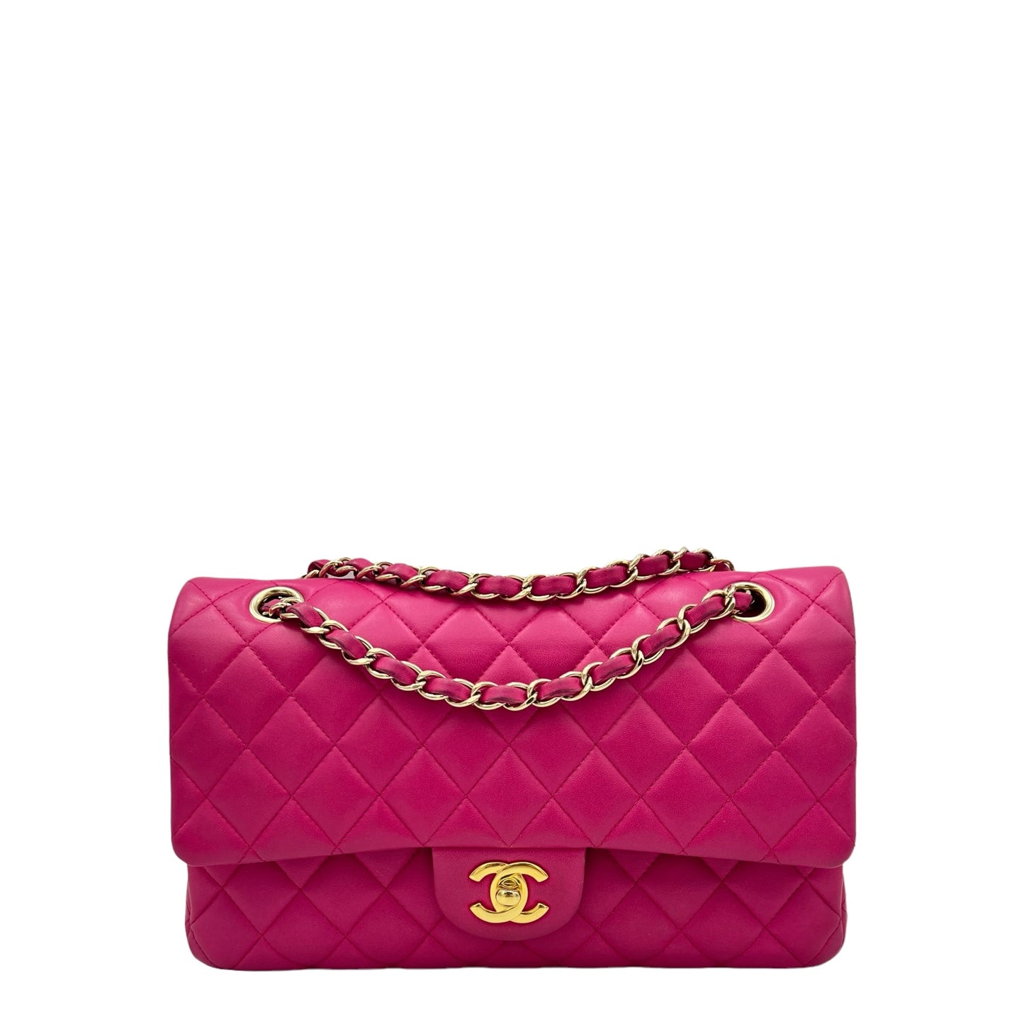 Classic Medium Fuschia Hot Pink Shoulder Bag in Lambskin, Gold hardware