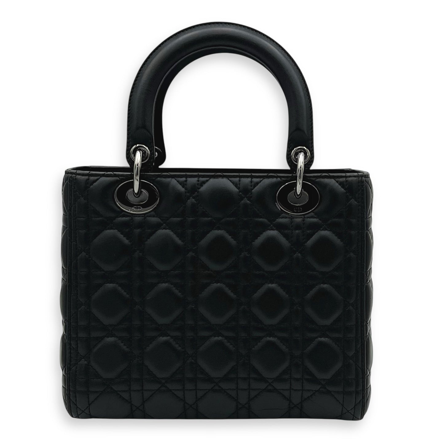 Lady Dior Medium Black Top Handle Bag in Calfskin, Gunmetal hardware