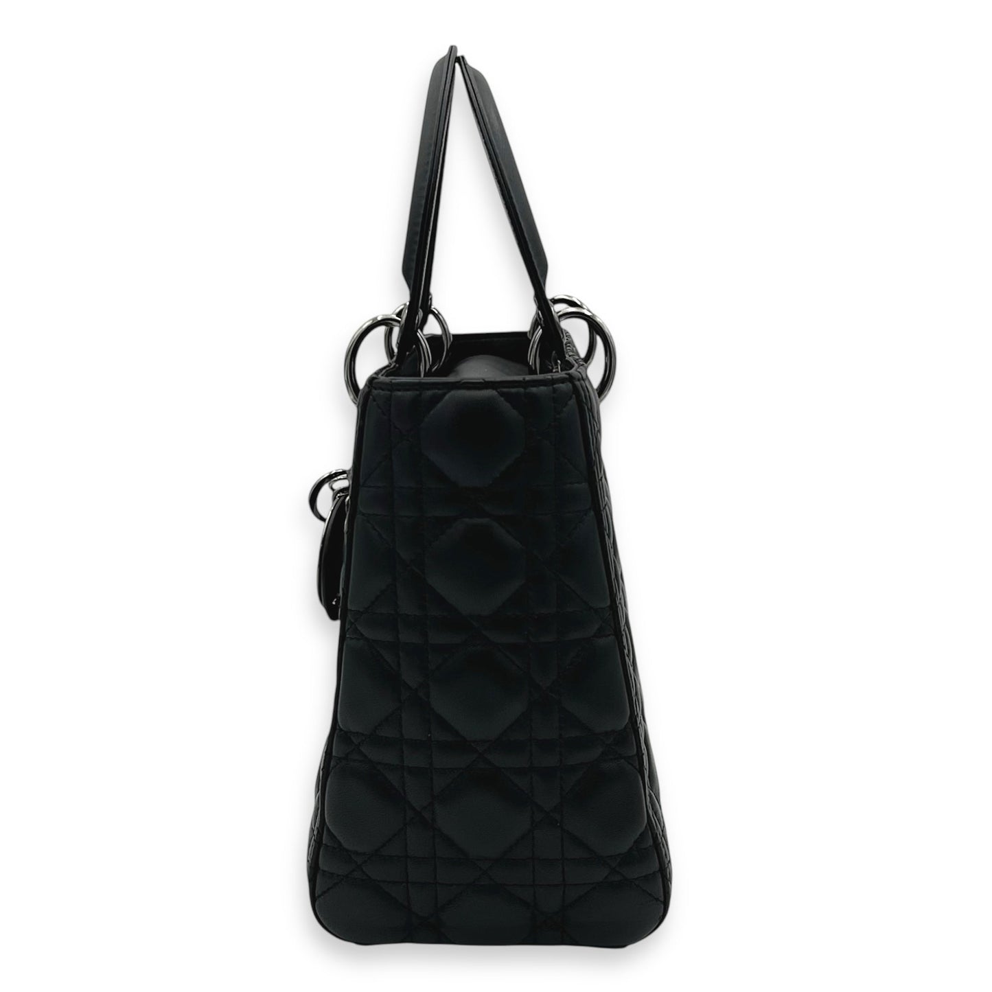 Lady Dior Medium Black Top Handle Bag in Calfskin, Gunmetal hardware