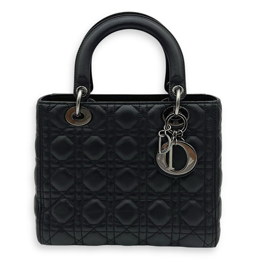 Lady Dior Medium Black Top Handle Bag in Calfskin, Gunmetal hardware