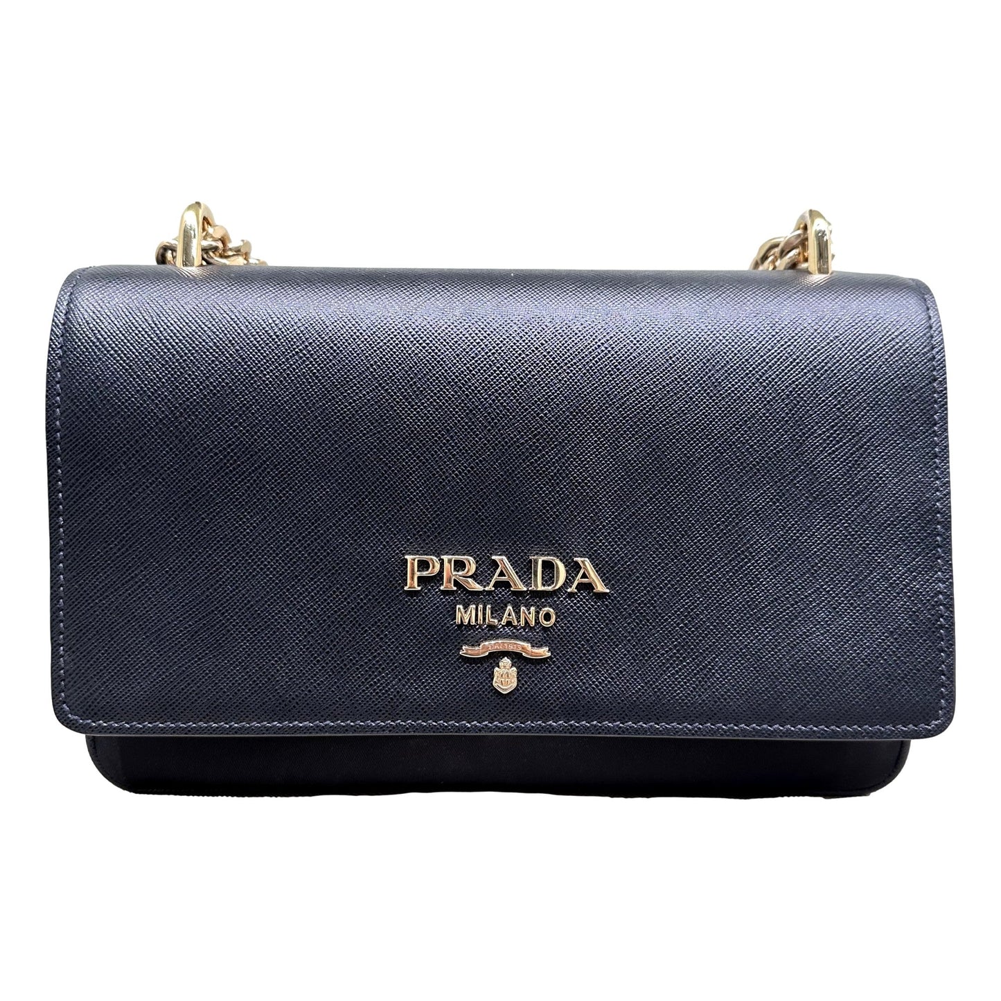 Prada Pattina Black Leather and Nylon Flap Crossbody Bag