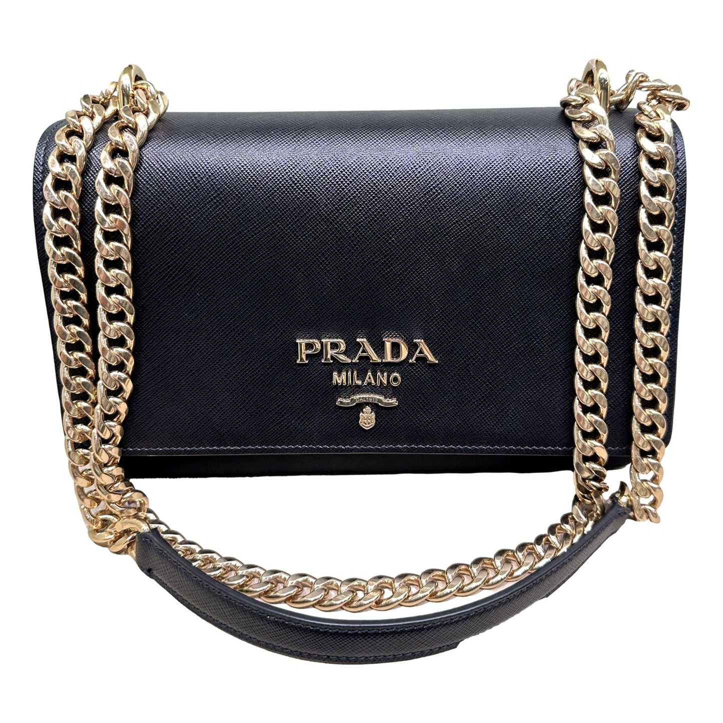 Prada Pattina Black Leather and Nylon Flap Crossbody Bag