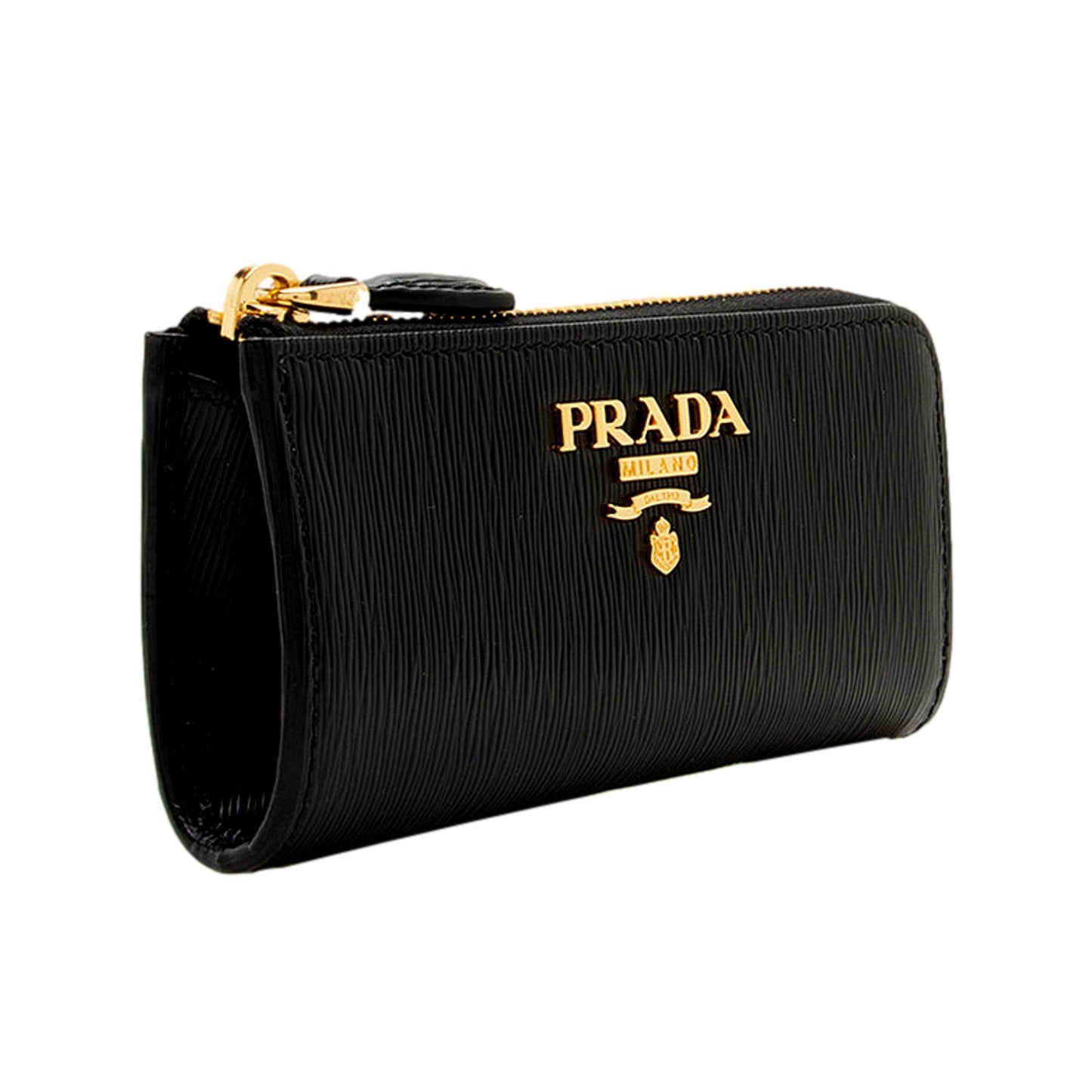 Prada Vitello Move Key Case Holder Wallet Zip Pouch Black Calf Leather