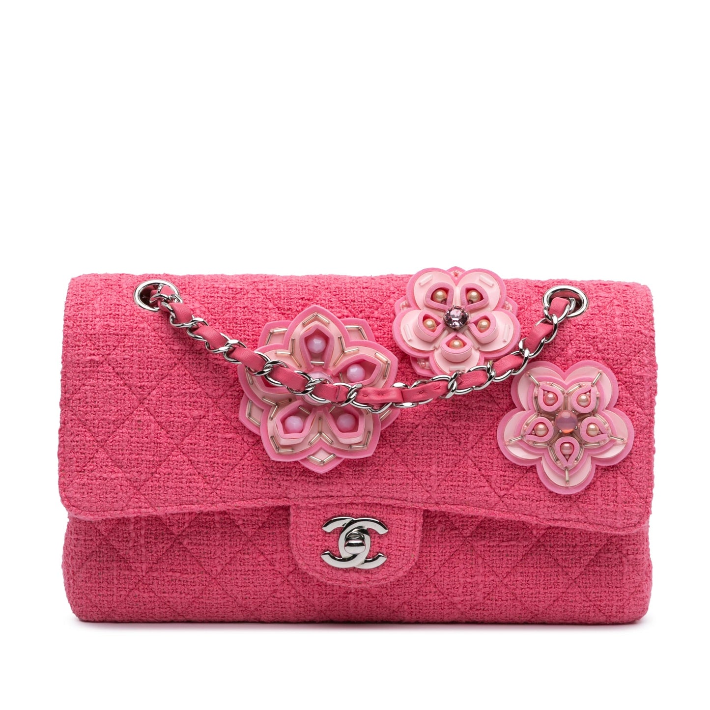 Pink Chanel Medium Classic Tweed Flower Double Flap Shoulder Bag