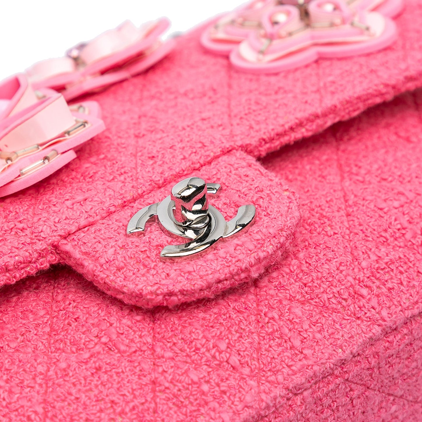 Pink Chanel Medium Classic Tweed Flower Double Flap Shoulder Bag