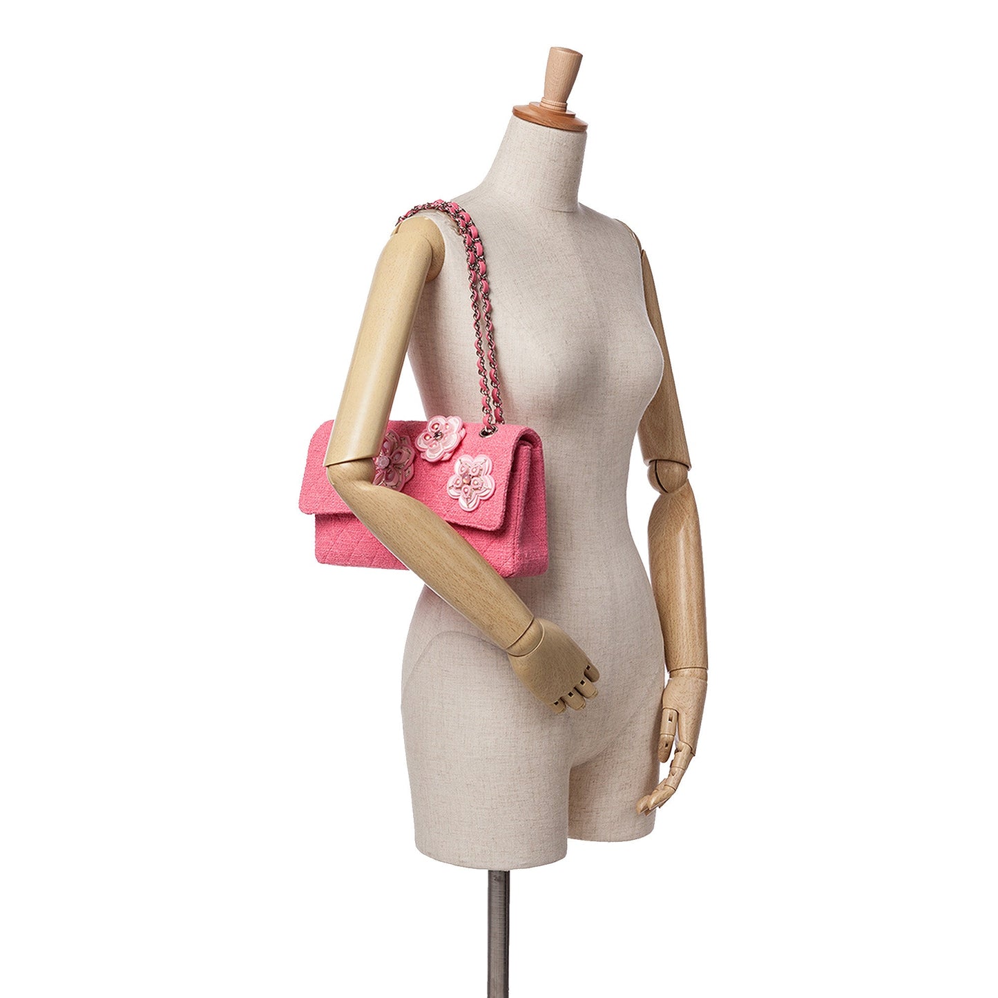 Pink Chanel Medium Classic Tweed Flower Double Flap Shoulder Bag