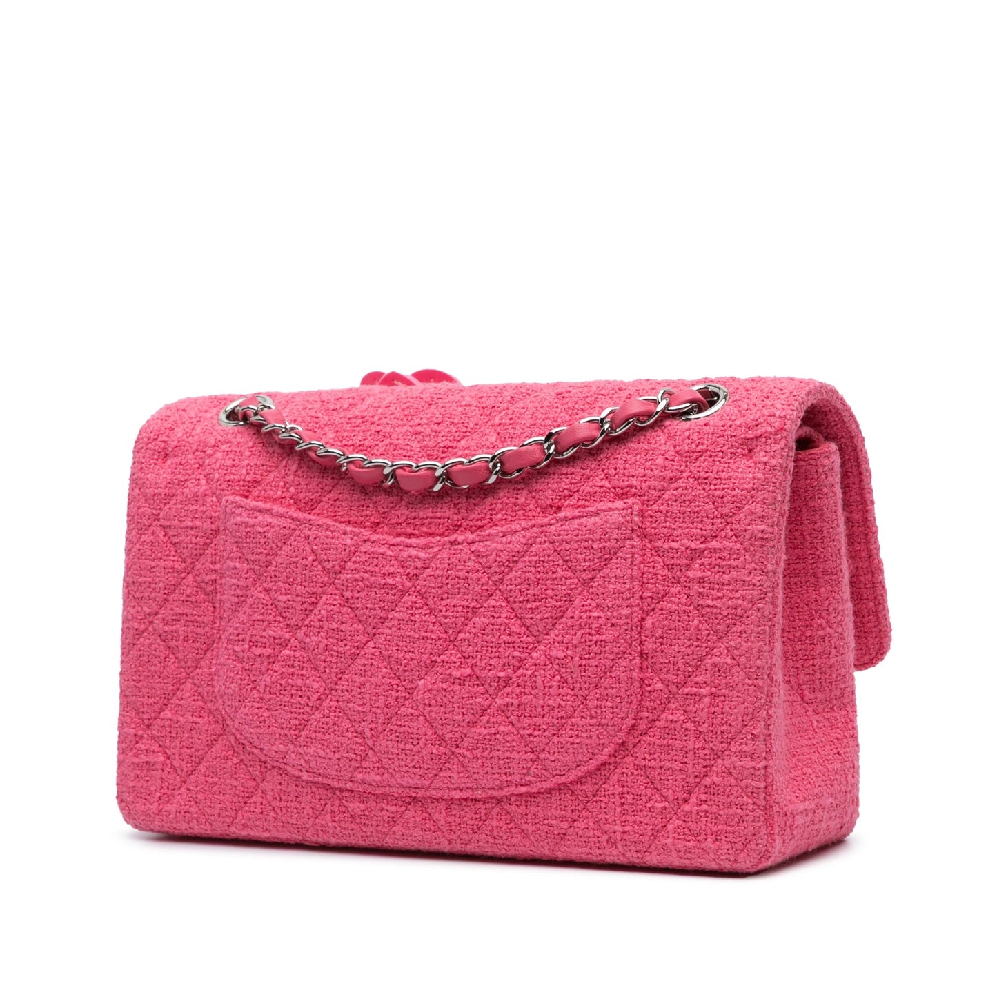 Pink Chanel Medium Classic Tweed Flower Double Flap Shoulder Bag