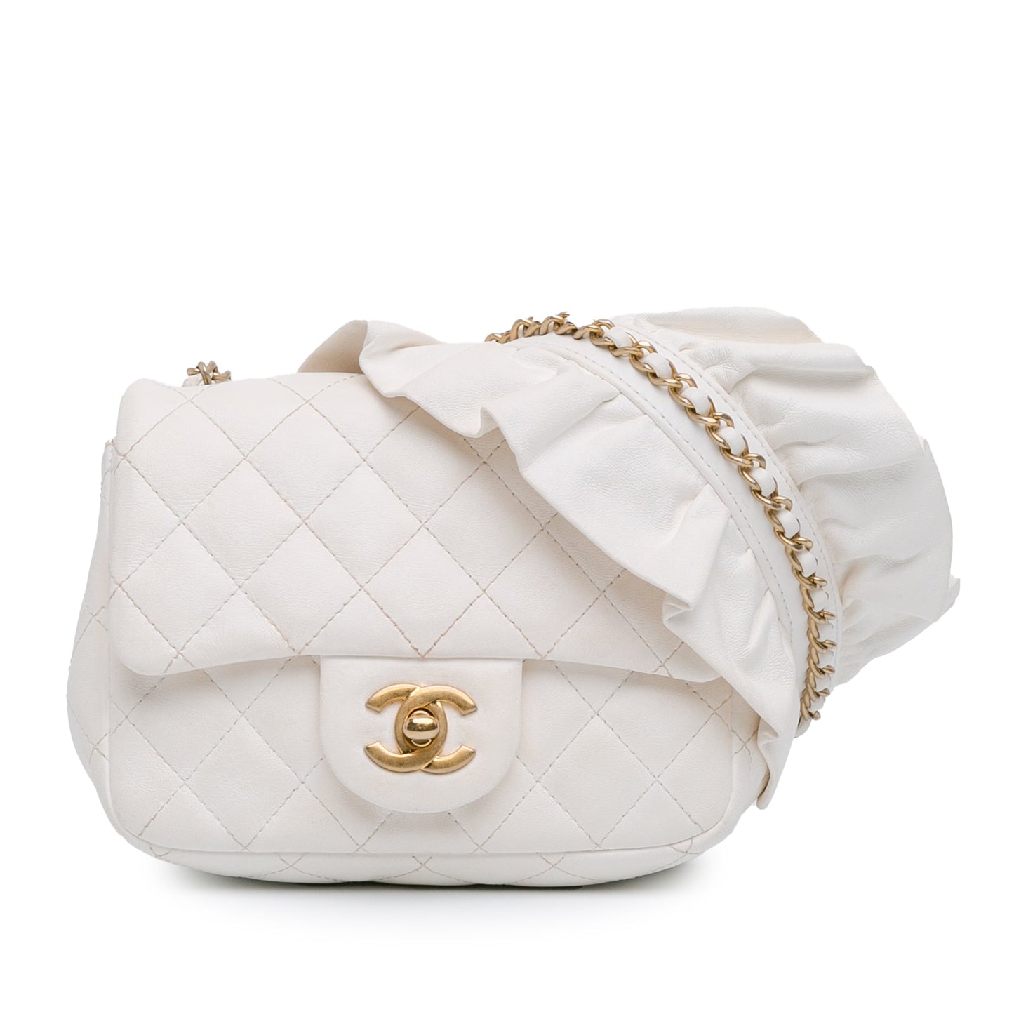 White Chanel Mini Square Lambskin Romance Single Flap Crossbody Bag