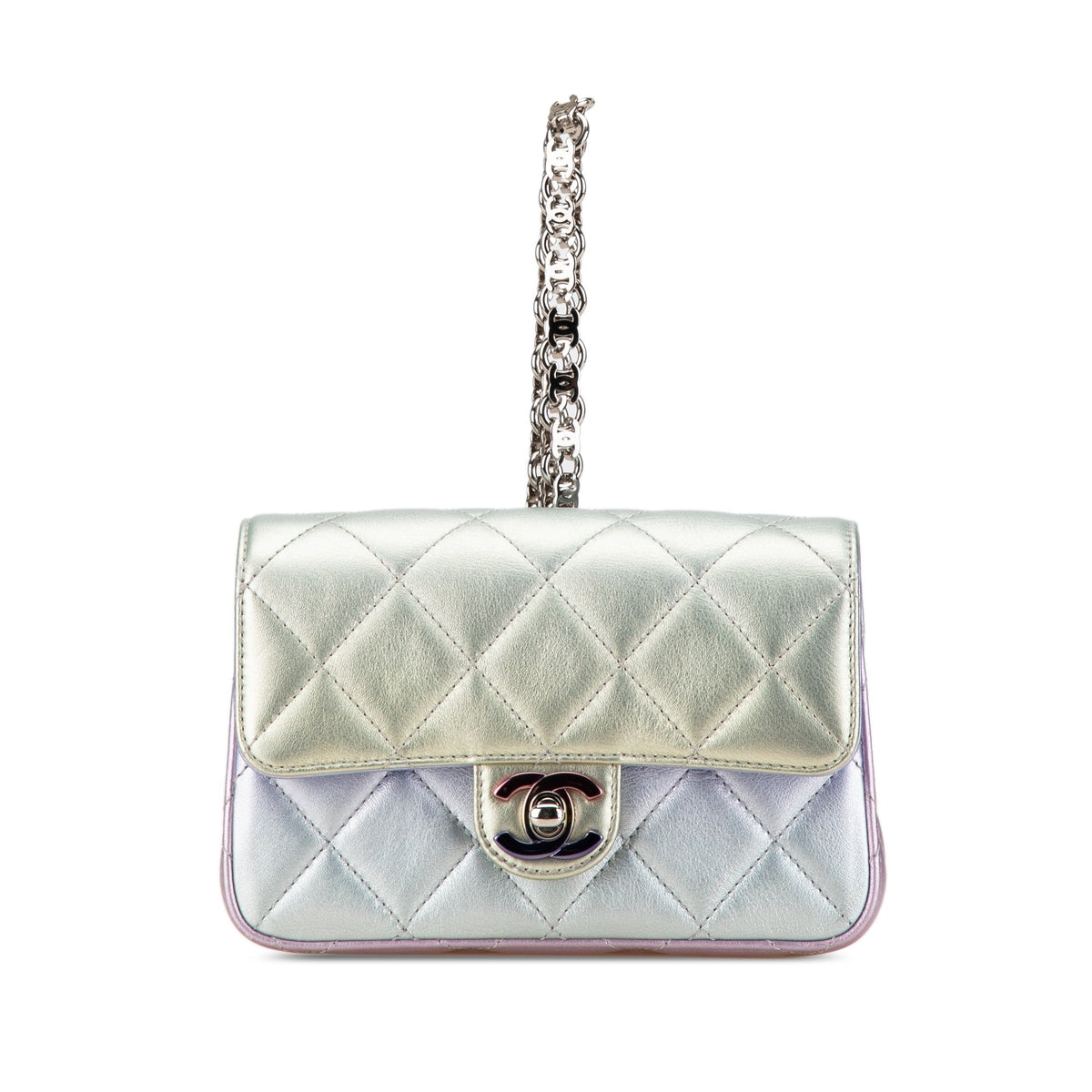 Silver Chanel Quilted Gradient Metallic Calfskin Clutch Handbag