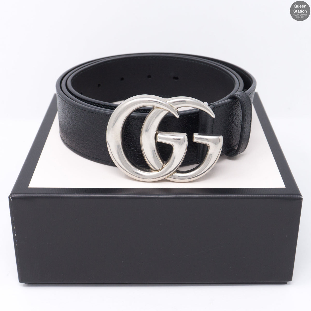 Double G Buckle Black Leather Belt 115 cm