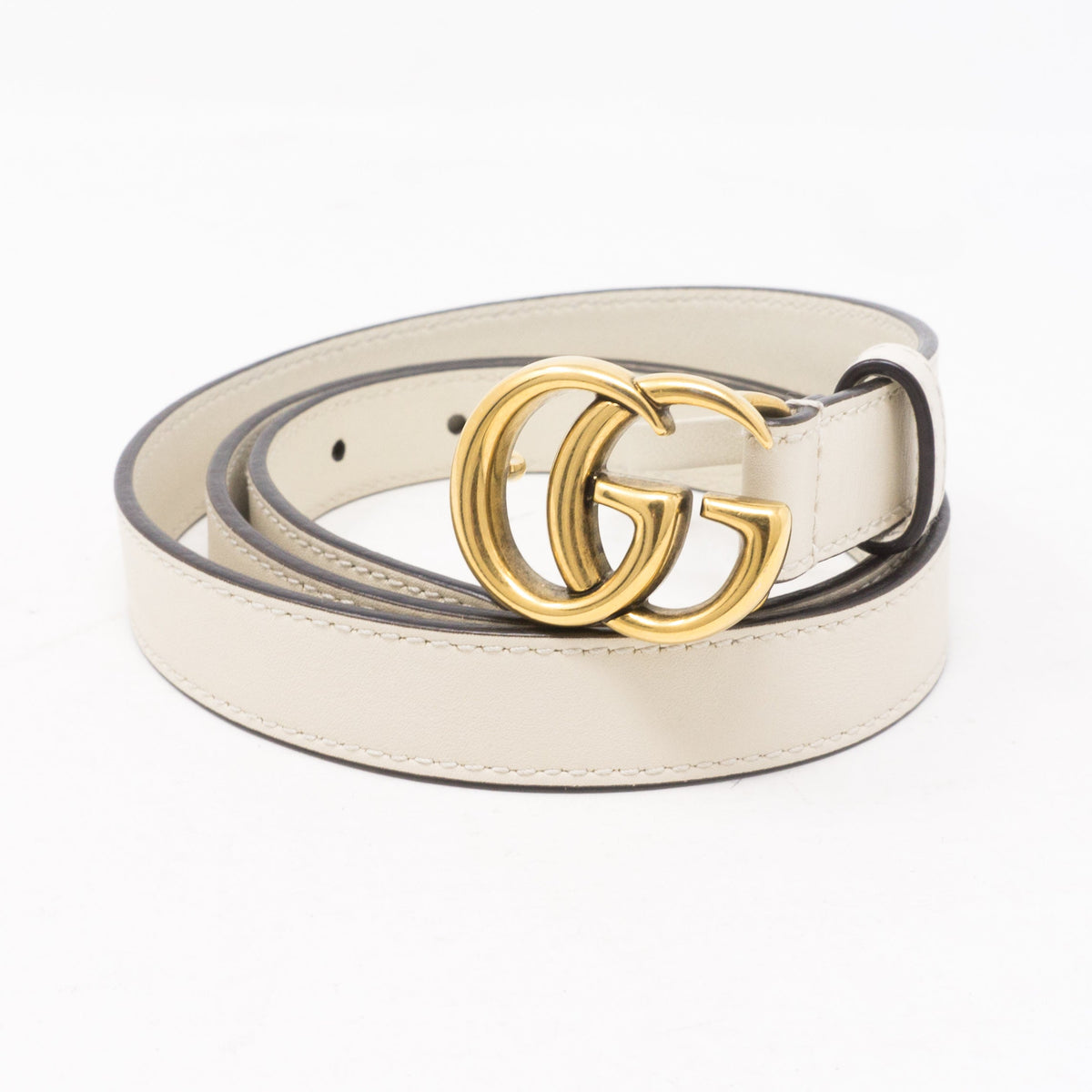 Double G Buckle White Leather Slim Belt 85 cm