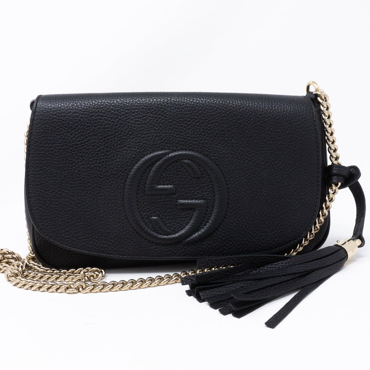 Soho Flap Chain Tassel Bag Black Leather