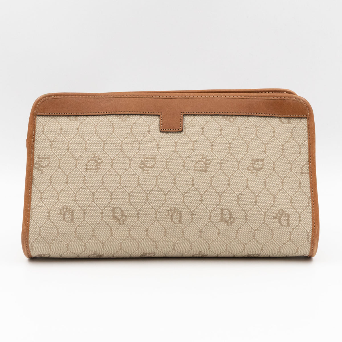 Vintage Small Cosmetic Case Honeycomb Canvas Tan Leather