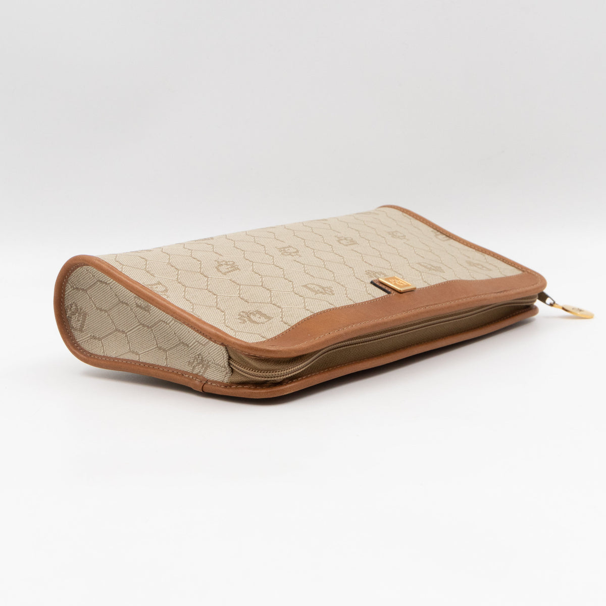 Vintage Small Cosmetic Case Honeycomb Canvas Tan Leather