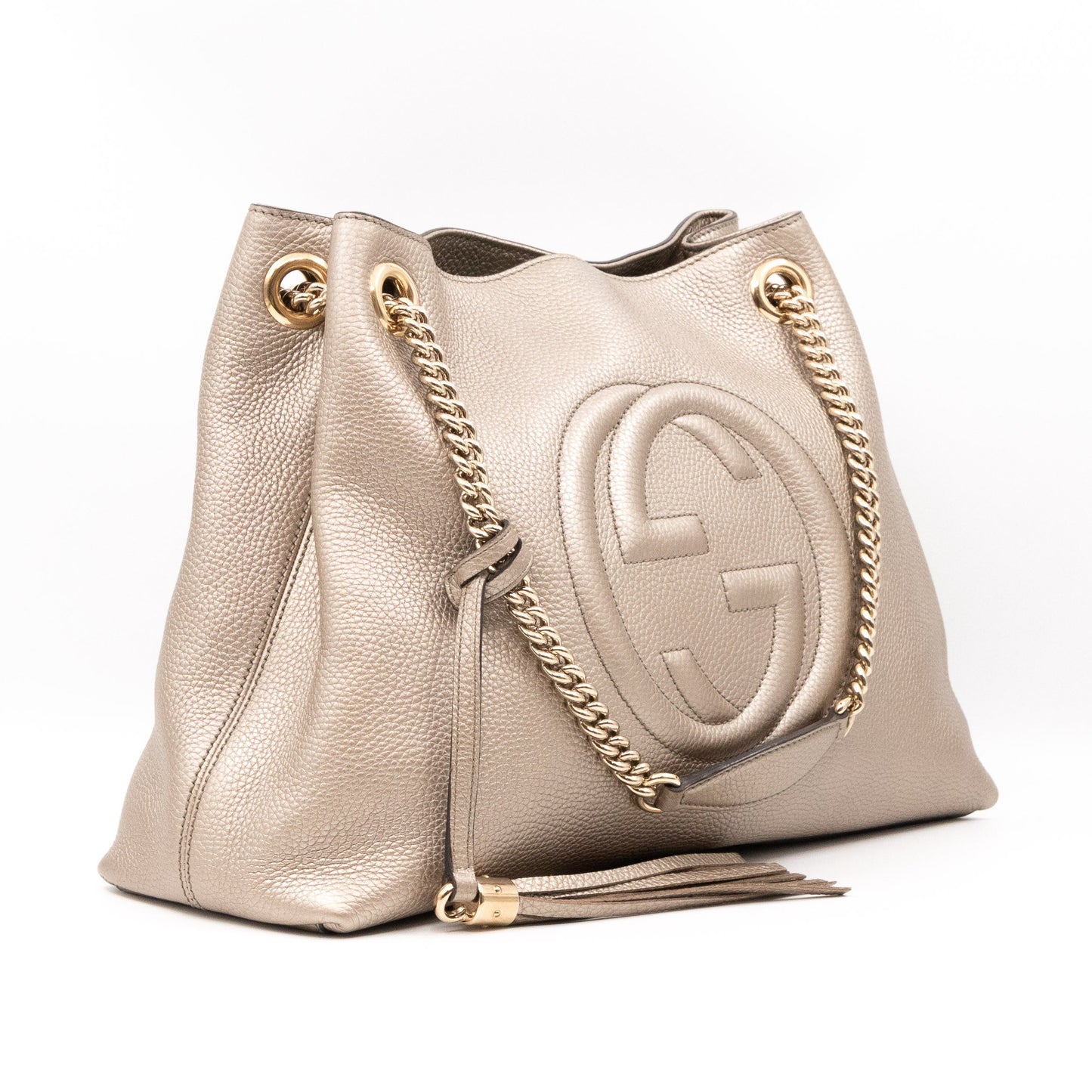 Soho Tassel Chain Tote Metallic Champagne Leather