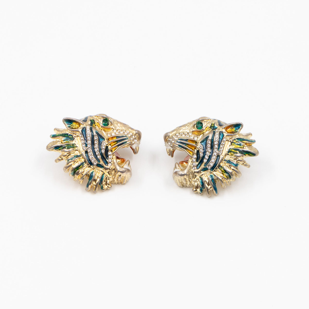 Crystal Enamel Tiger Head Earrings Gold