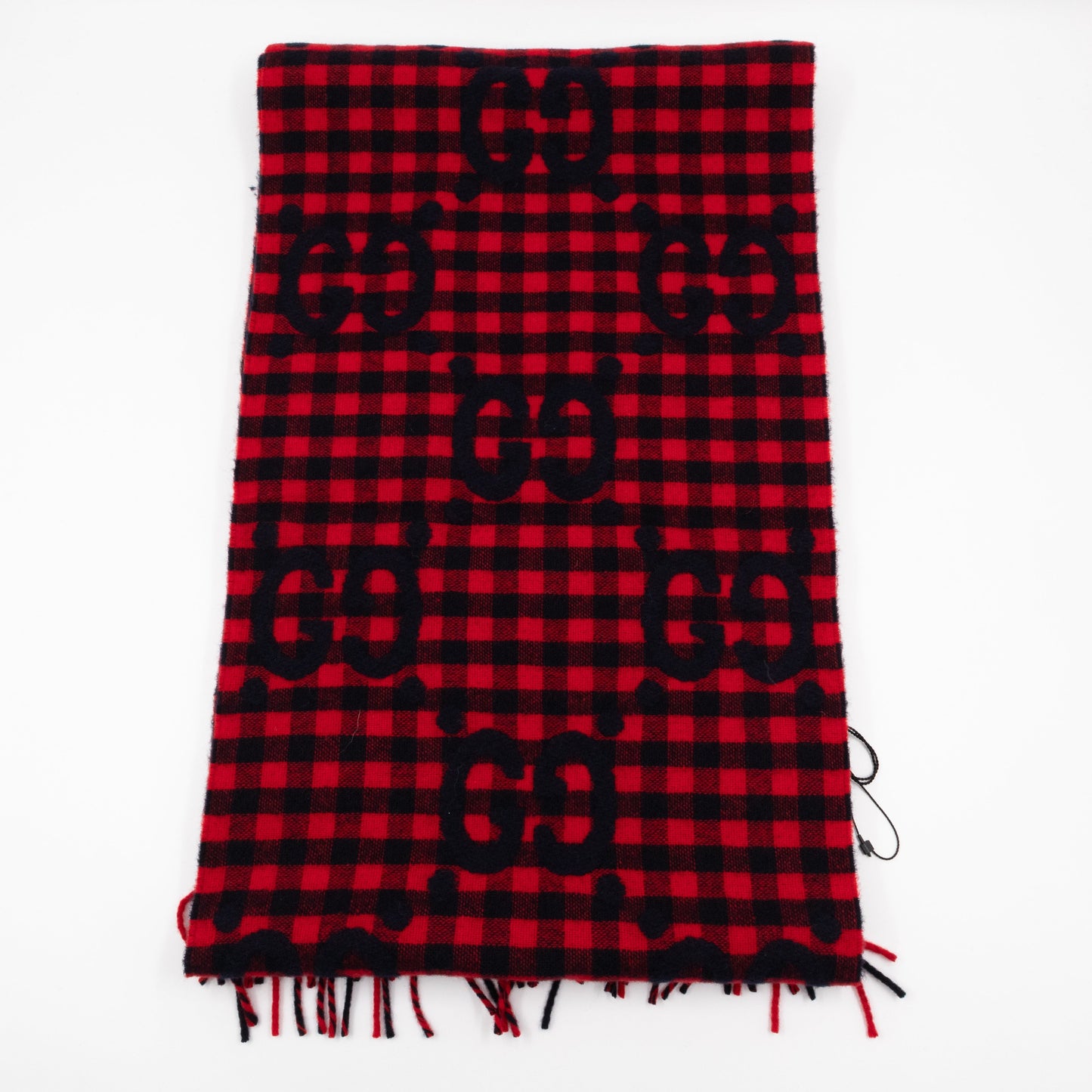 Gucci GG Plaid Tartan Wool Scarf Stole Red & Dark Blue