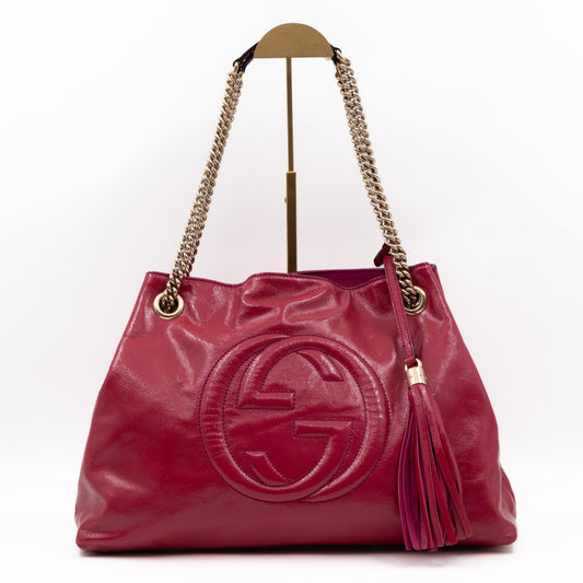 Soho Tassel Chain Tote Crumpled Patent Fuchsia