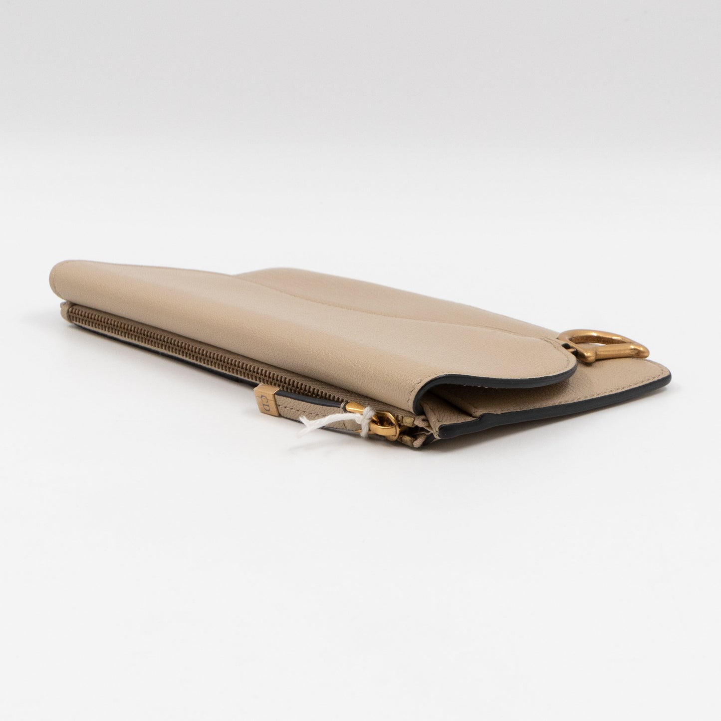 Large Saddle Flap Zipped Wallet Beige Leather