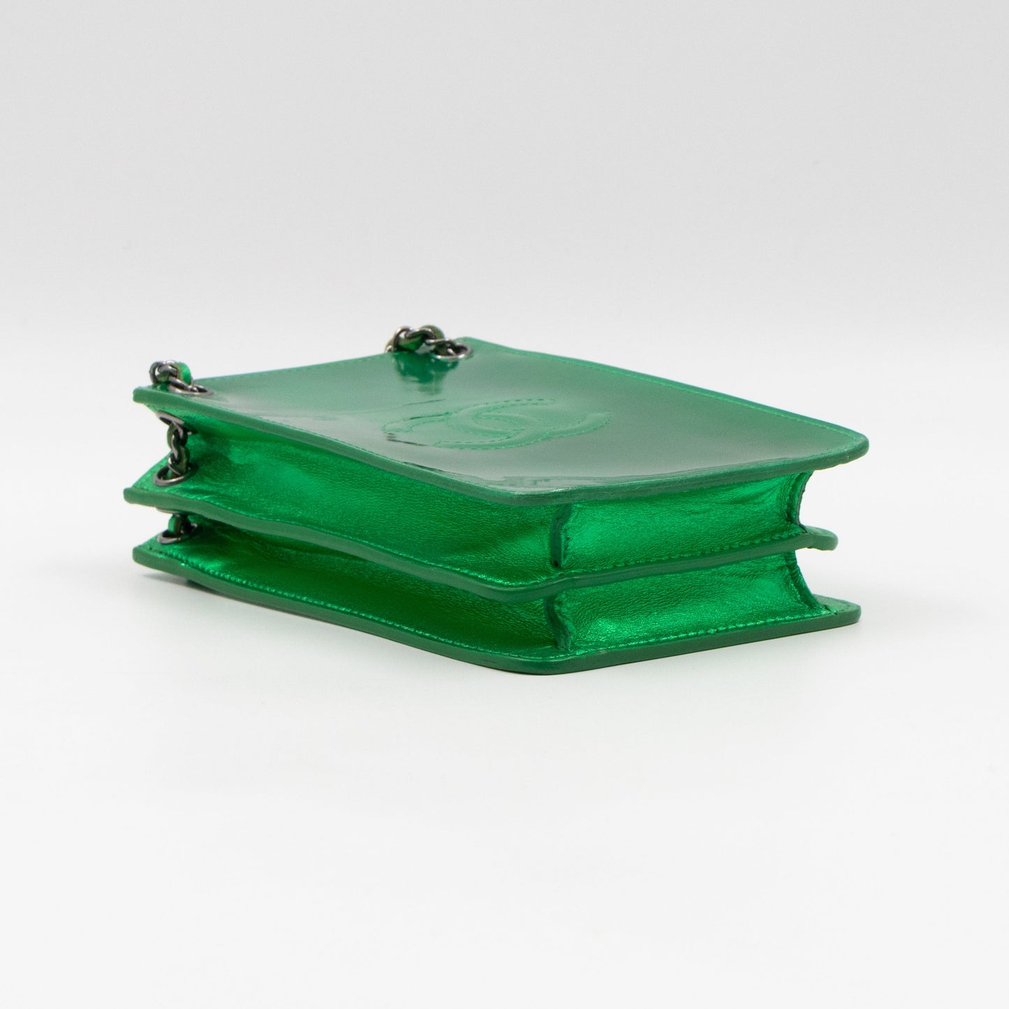 CC Phone Holder Crossbody Bag Green Metallic Patent Leather