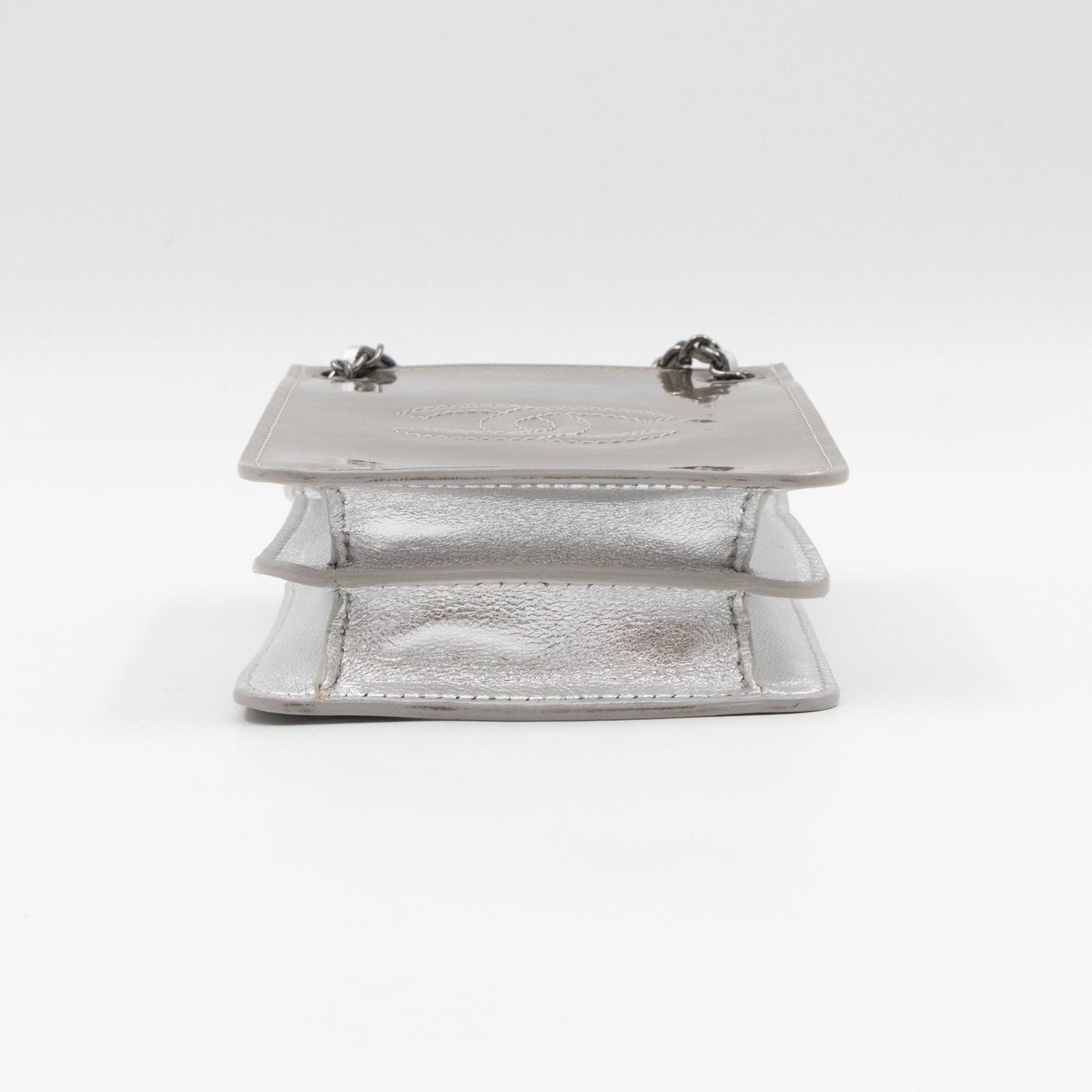 CC Phone Holder Crossbody Bag Silver Metallic Patent Leather