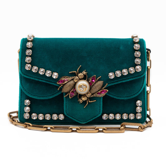 Broadway Mini Bee Pearly Crystal Embellished Shoulder Bag Turquoise Velvet