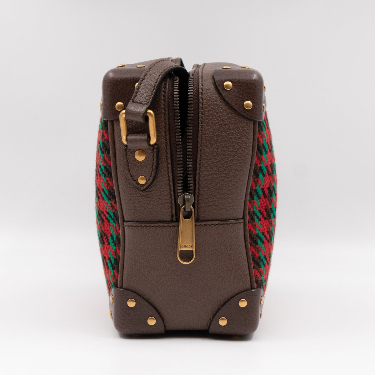 Houndstooth Woven Square Trunk Bag Brown Leather