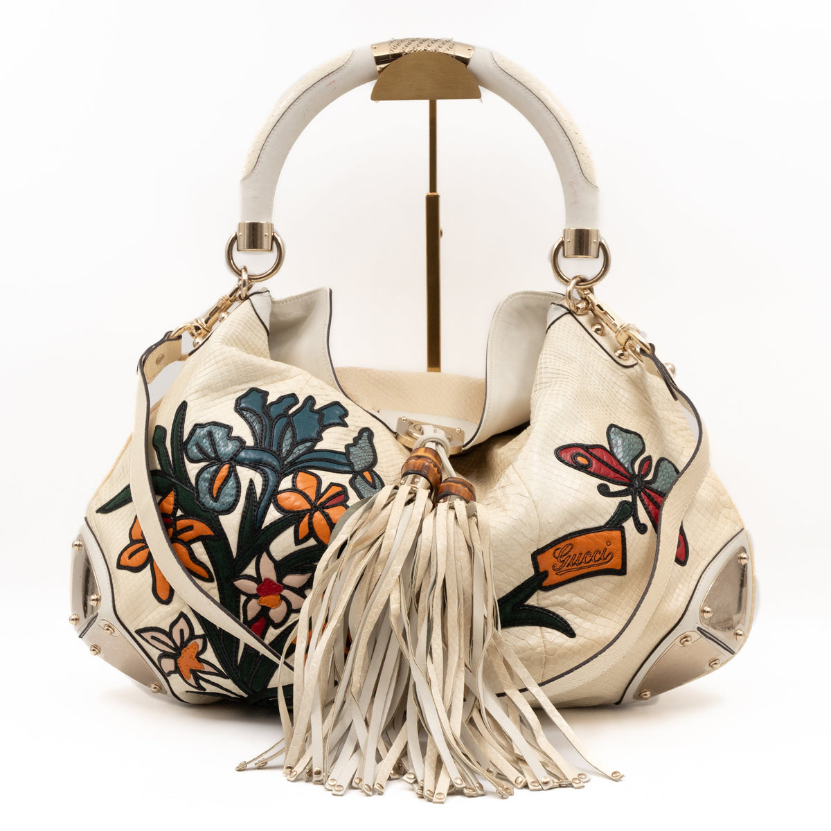 Large Indy Top Handle Bag White Python Leather Tattoo