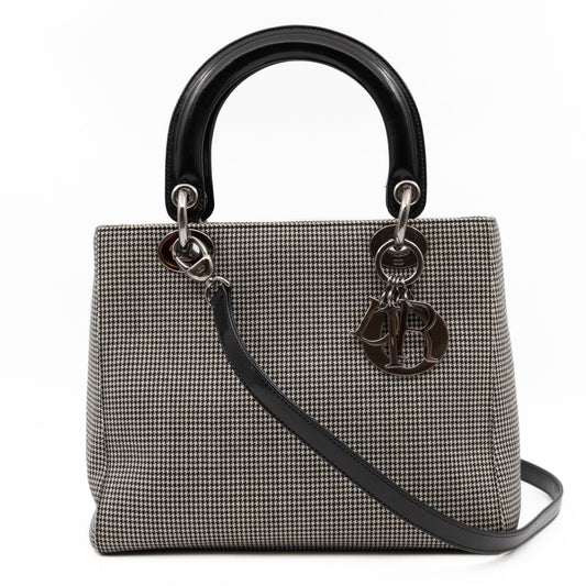 Lady Dior Medium Houndstooth Black White Canvas