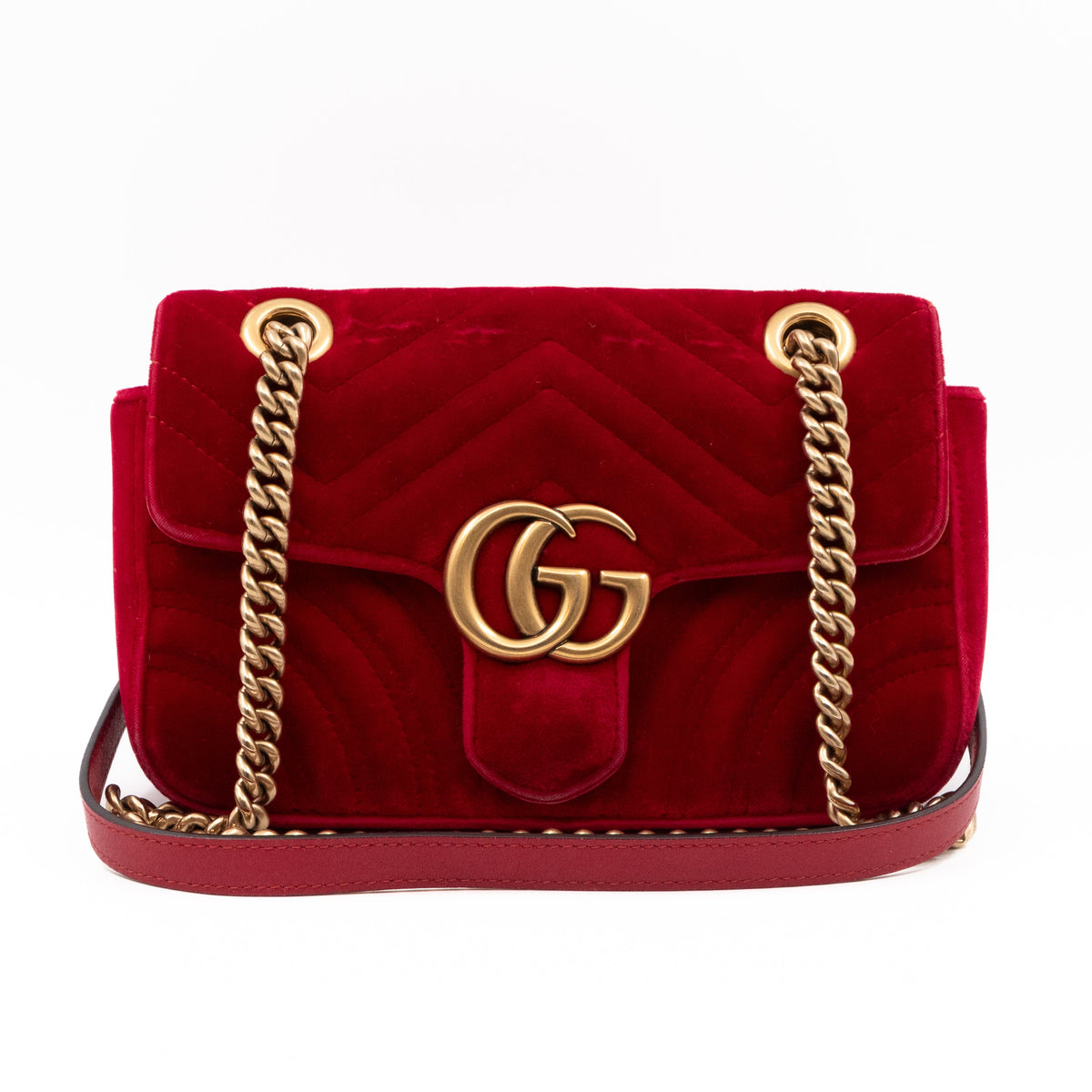 GG Marmont Flap Mini Red Velvet Aged Gold