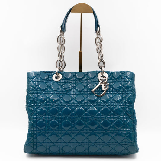 Medium Soft Shopping Tote Blue Patent Cannage Leather