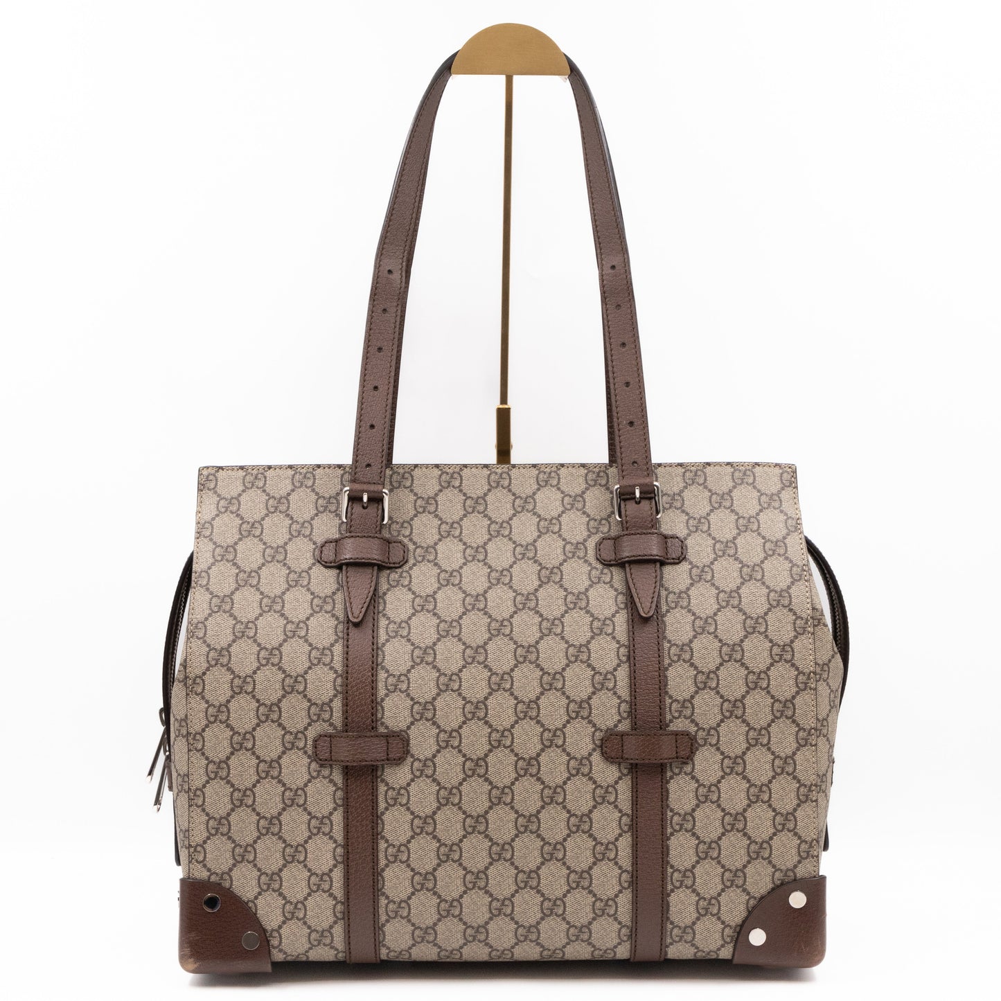 Gucci Buckle Travel Tote GG Supreme Canvas Brown Leather