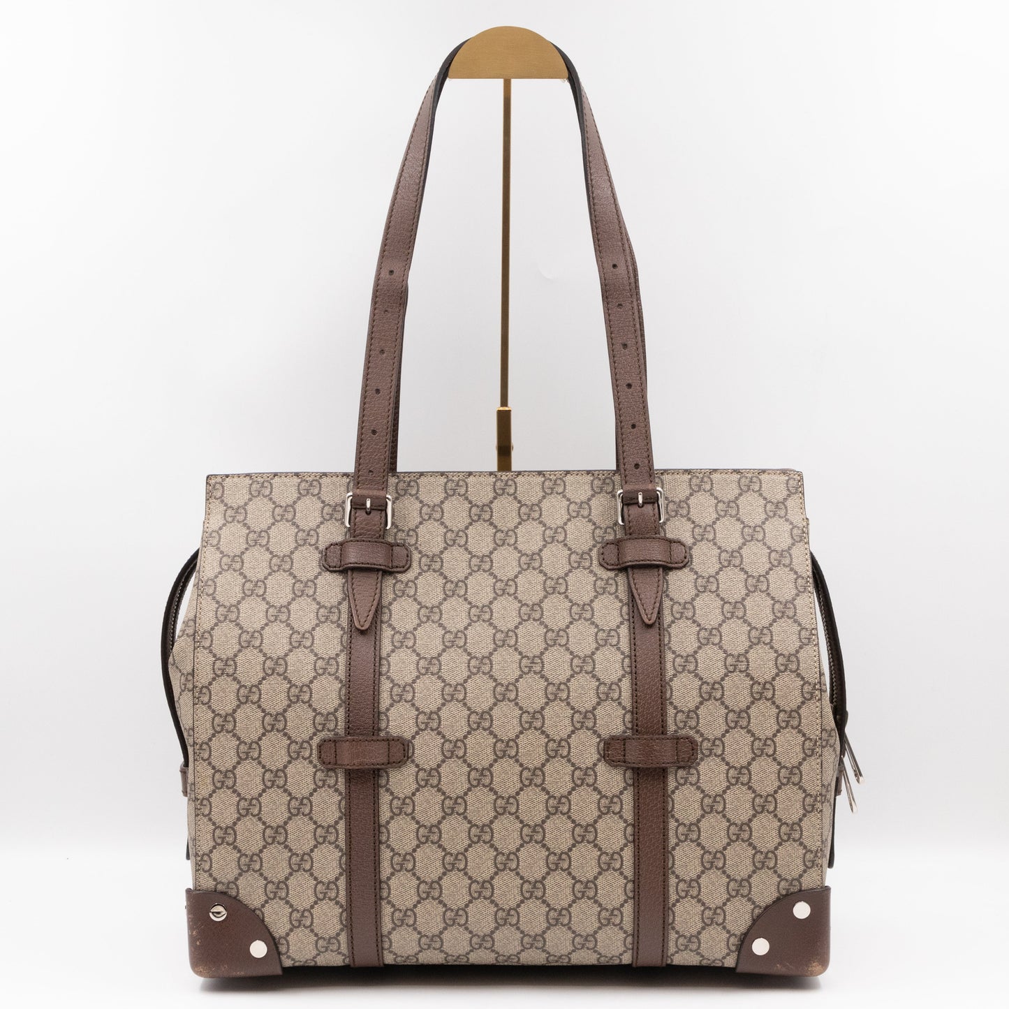 Gucci Buckle Travel Tote GG Supreme Canvas Brown Leather