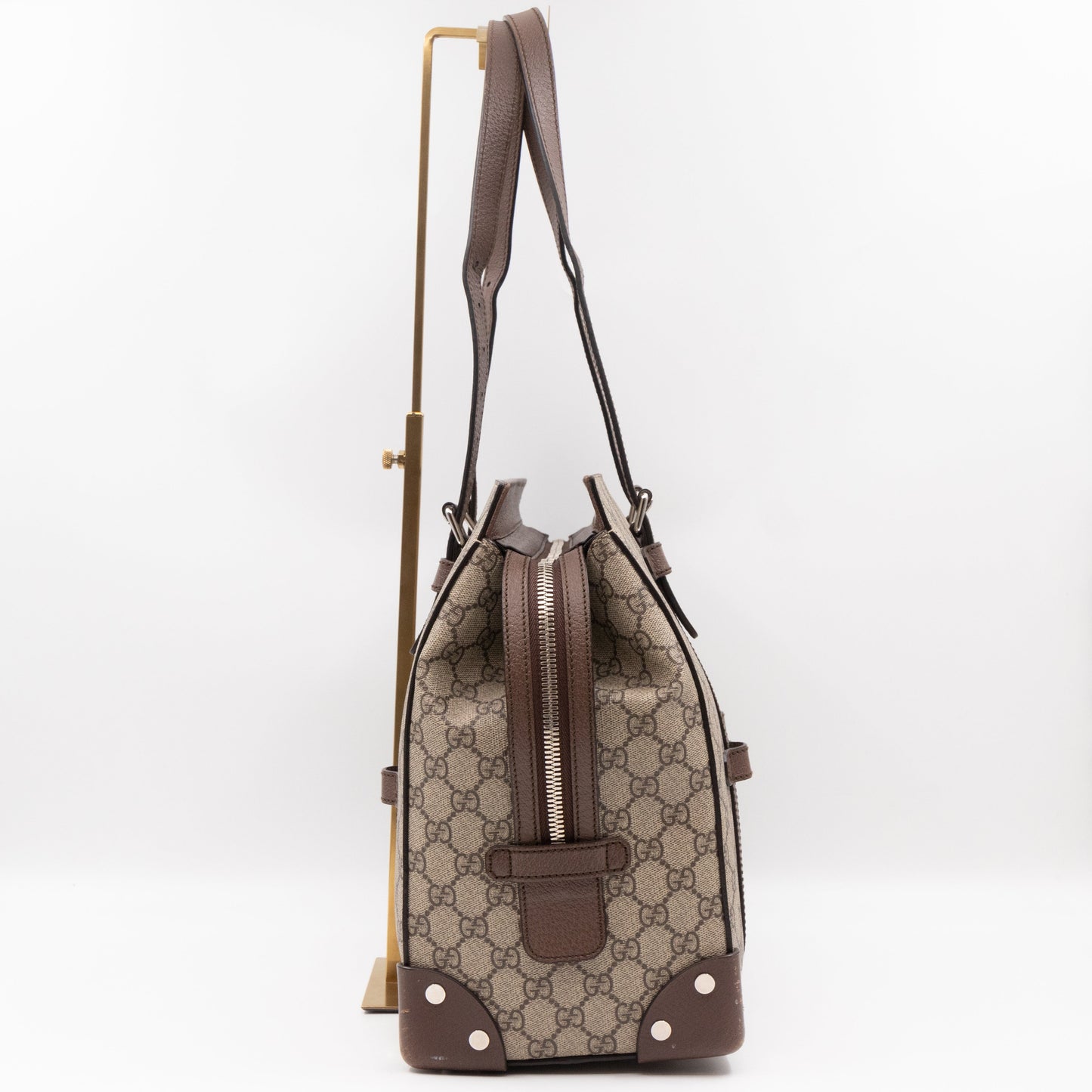 Gucci Buckle Travel Tote GG Supreme Canvas Brown Leather