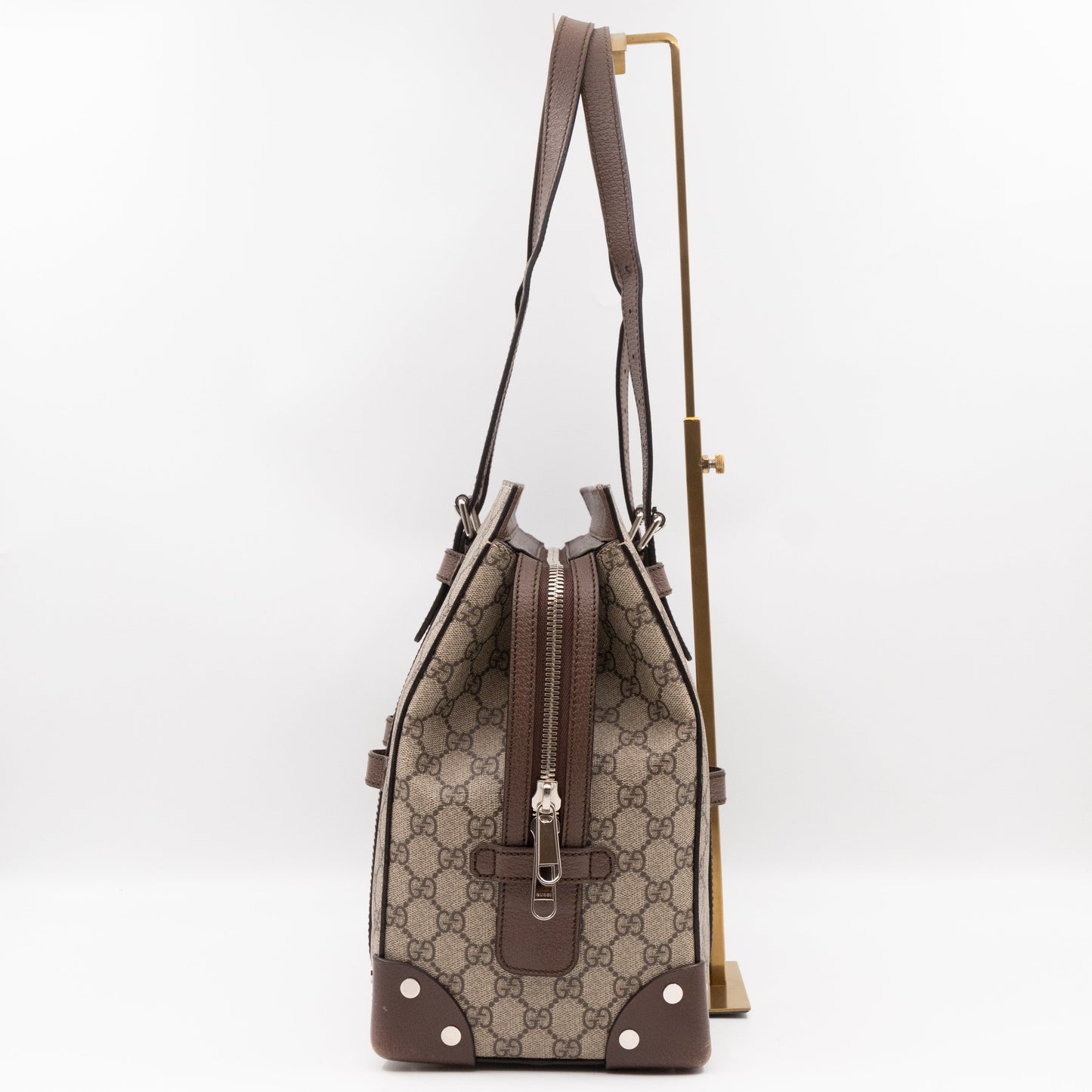 Gucci Buckle Travel Tote GG Supreme Canvas Brown Leather