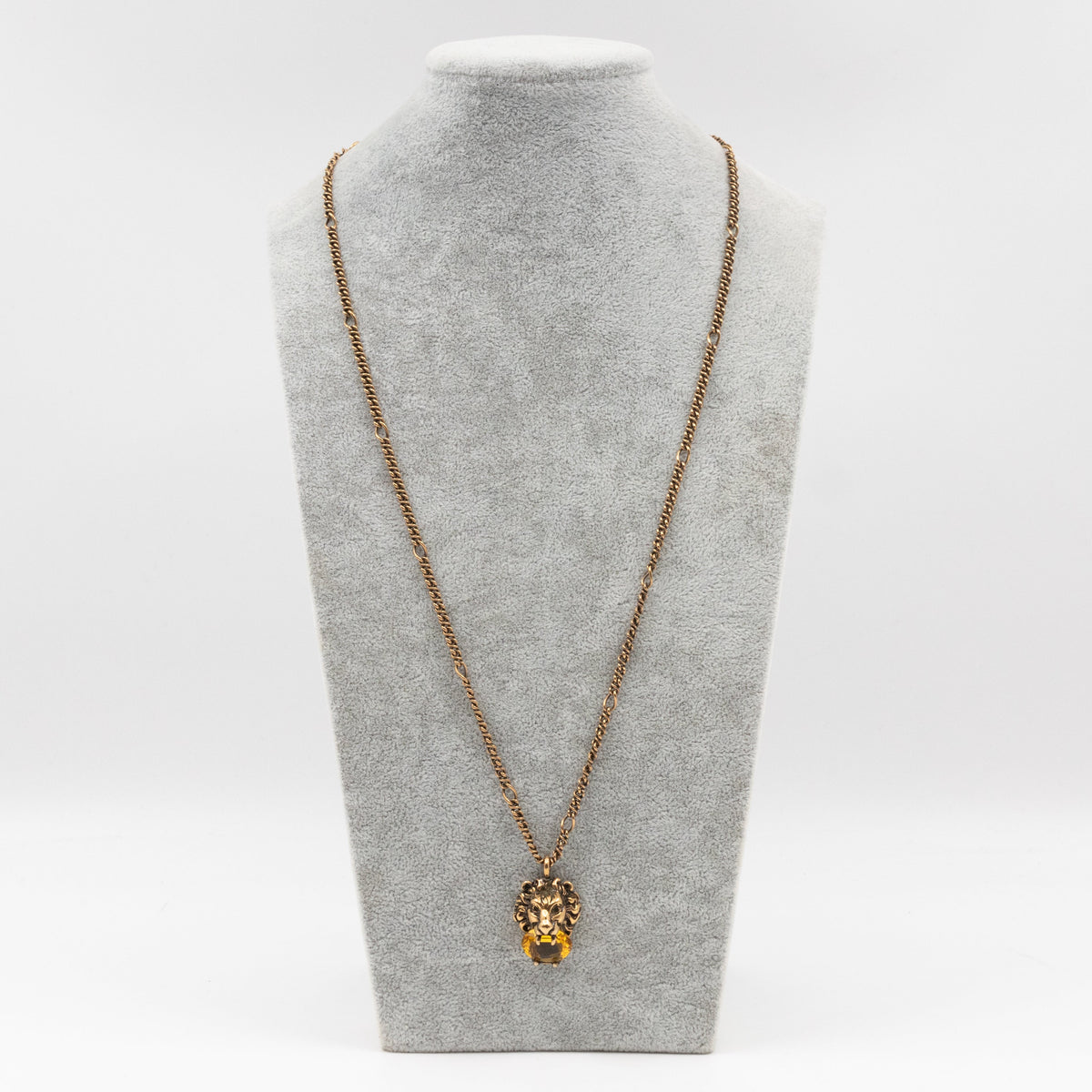 Lion Head Crystal Necklace Aged Gold