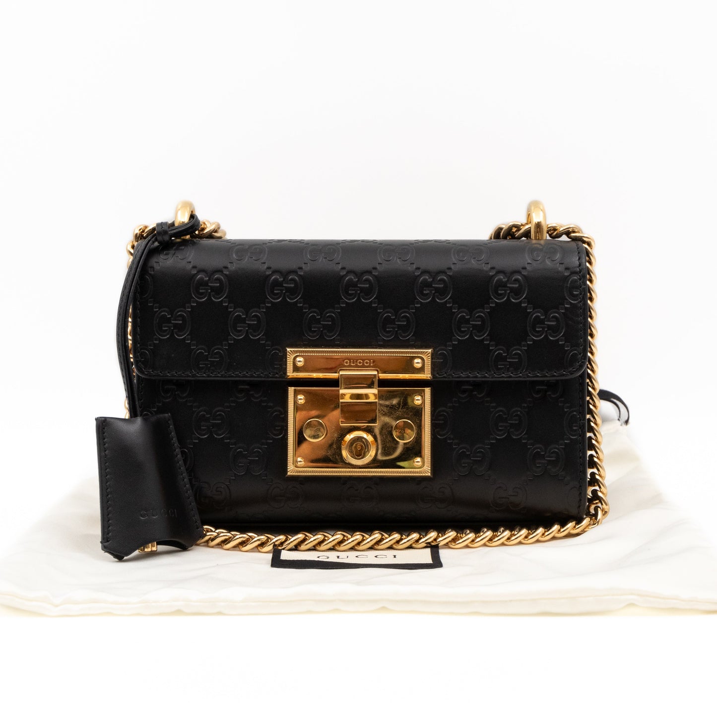 Padlock Flap Bag Small Black GG Guccissima