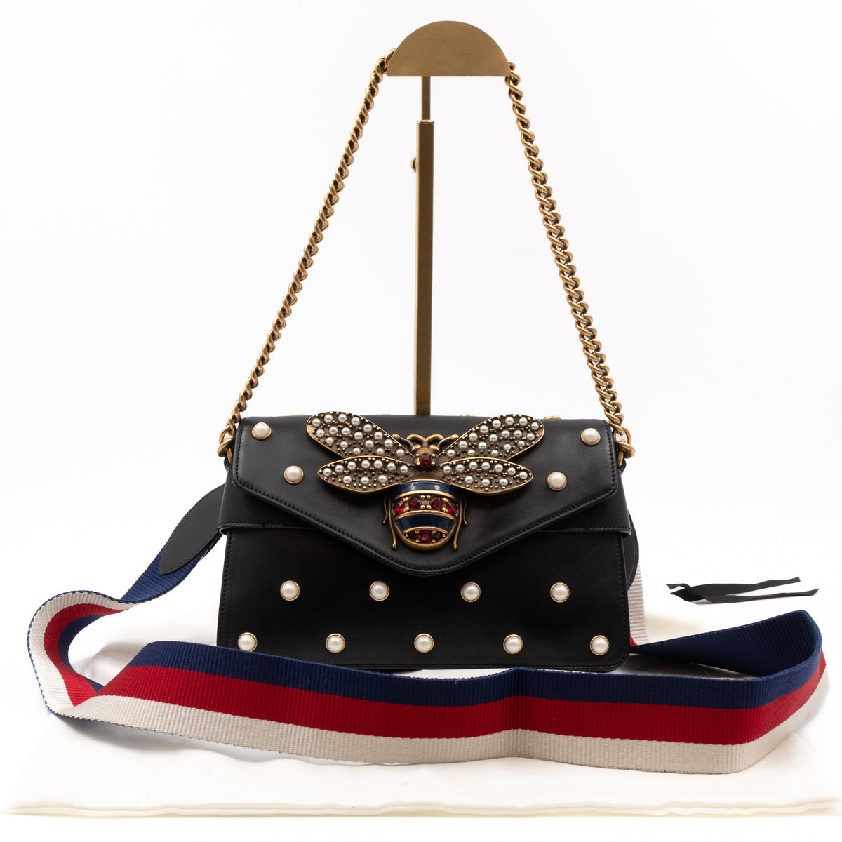 Broadway Pearl Studded Mini Queen Margaret Bee Bag Black Nappa Leather