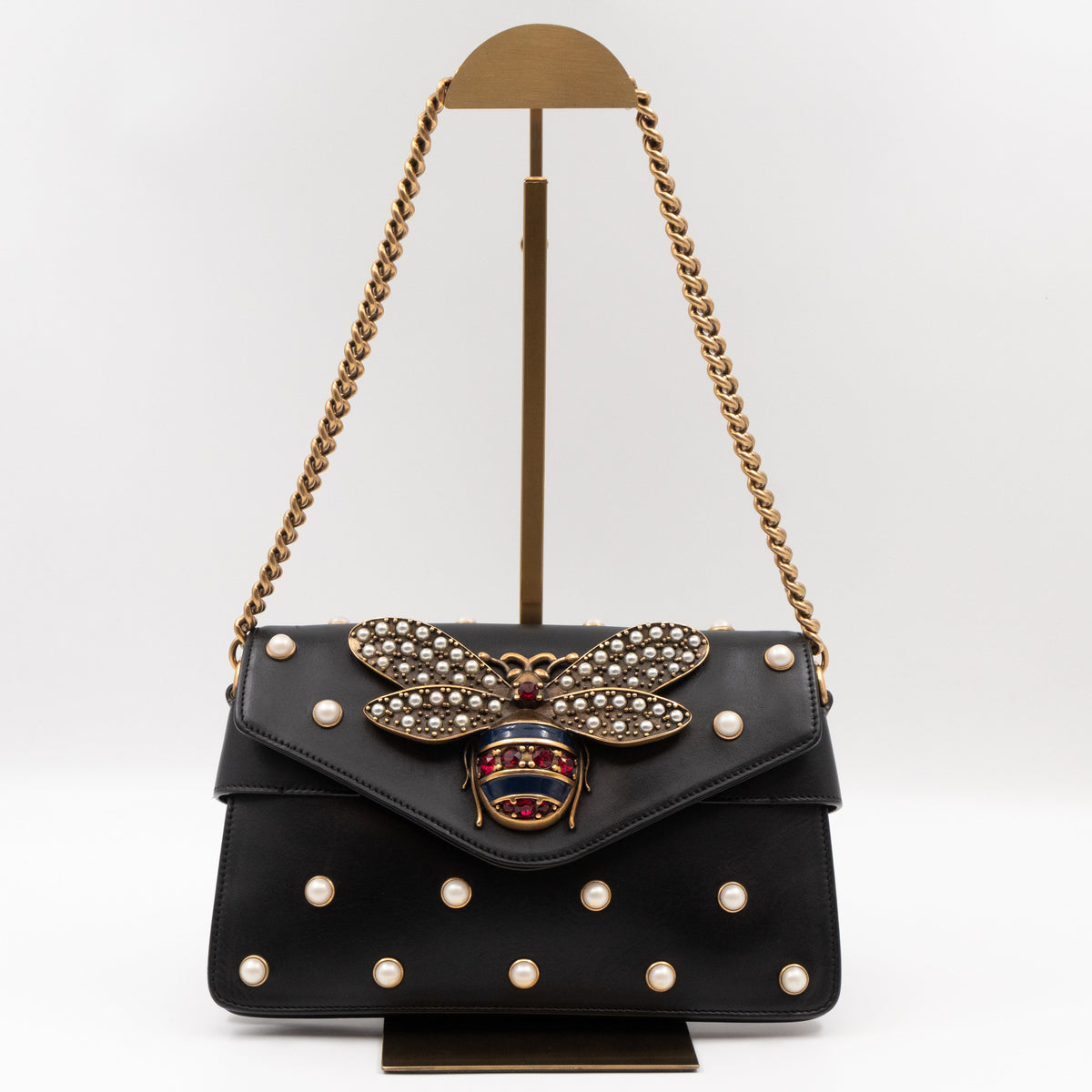 Broadway Pearl Studded Mini Queen Margaret Bee Bag Black Nappa Leather