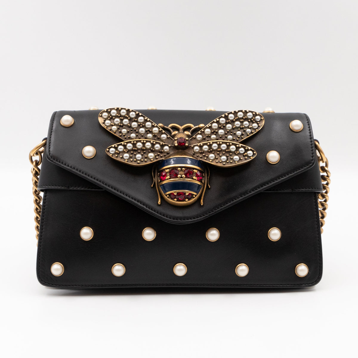 Broadway Pearl Studded Mini Queen Margaret Bee Bag Black Nappa Leather