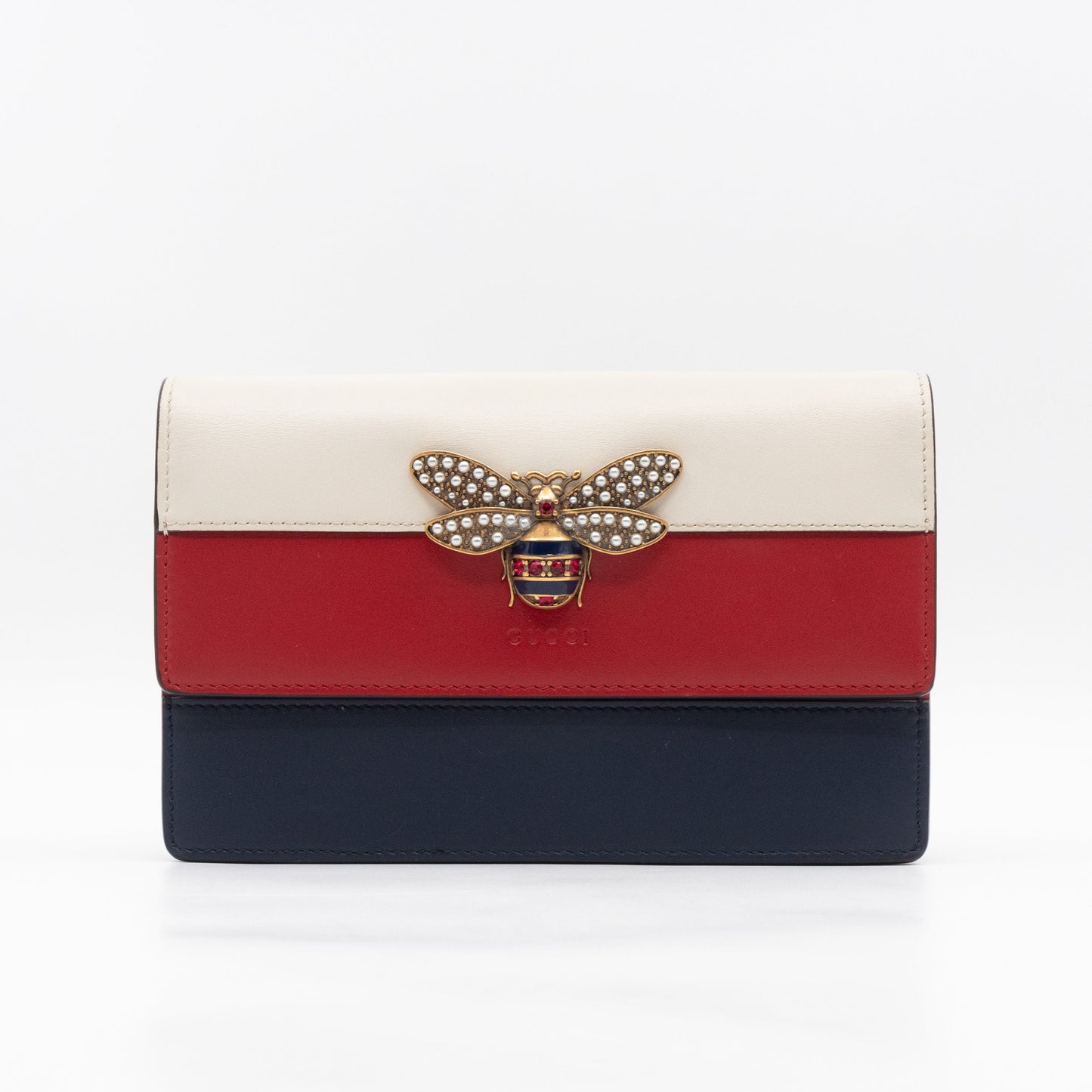 Gucci Queen Margaret Bee Wallet on Chain Blue & Red & White Leather
